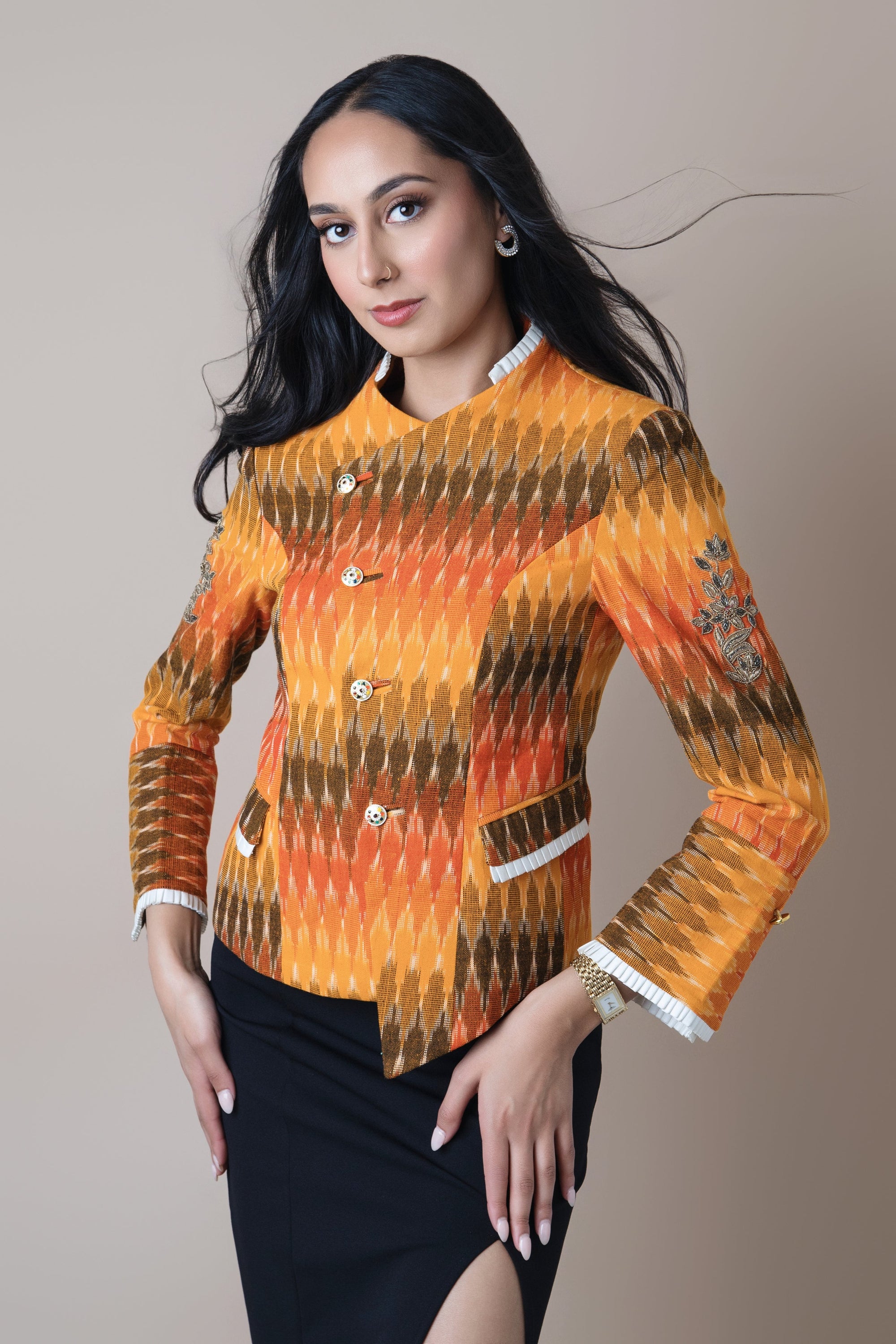 Koel Embroidered Ikat Jacket Brown & Orange