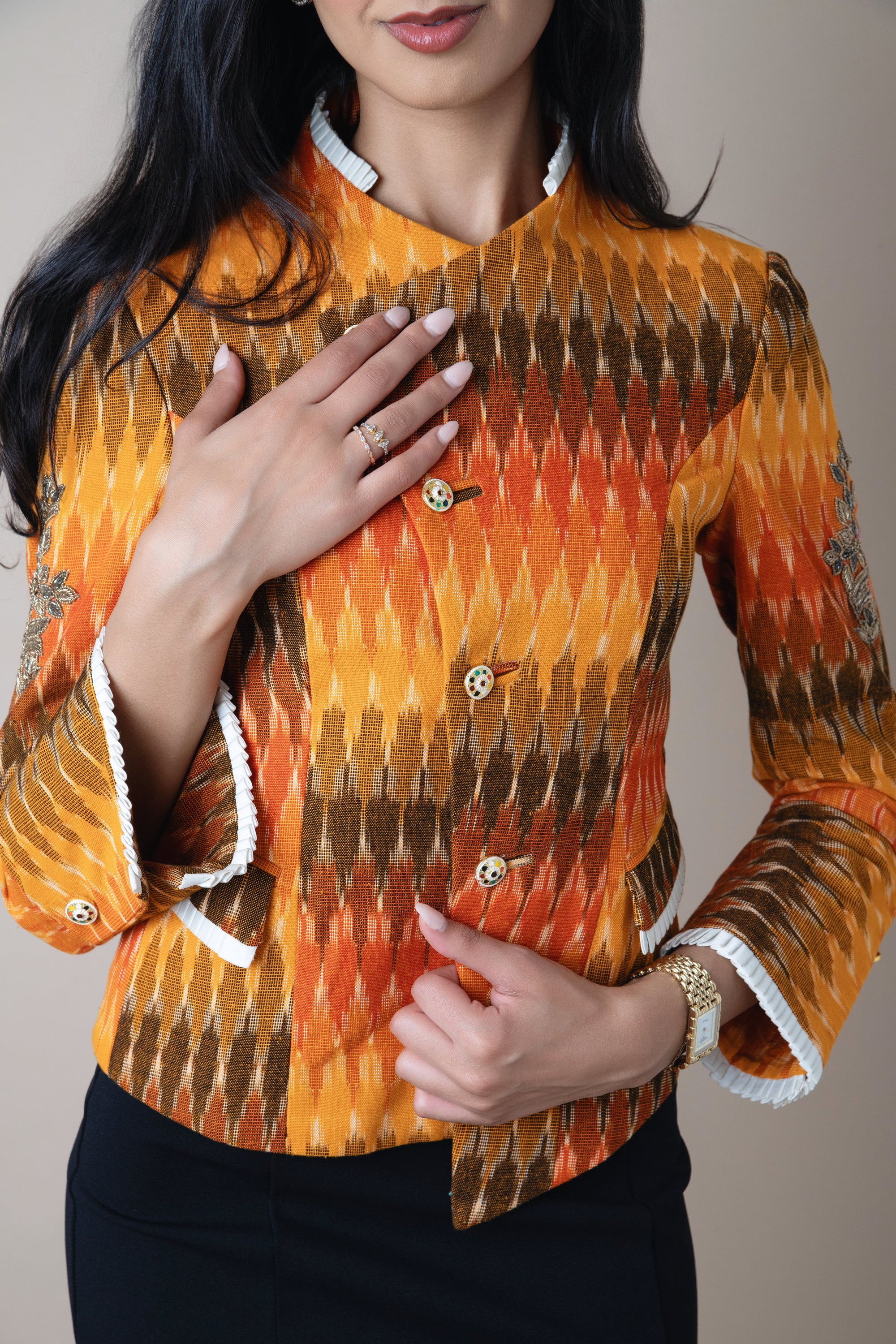 Koel Embroidered Ikat Jacket Brown & Orange