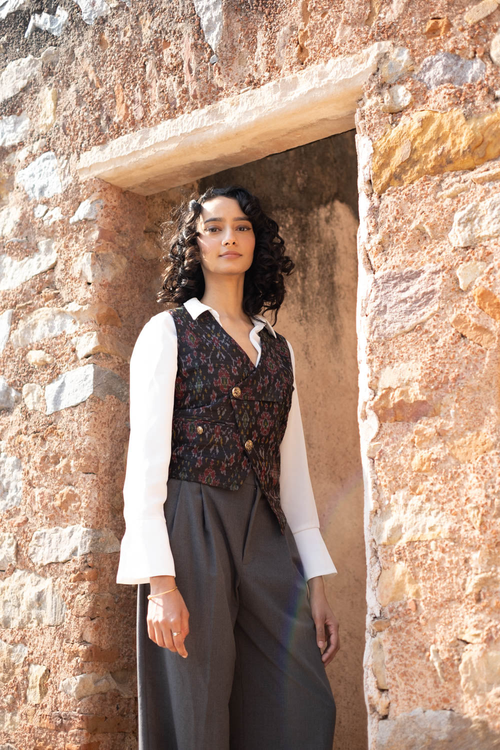 Munia Silk Ikat Waistcoat~Black