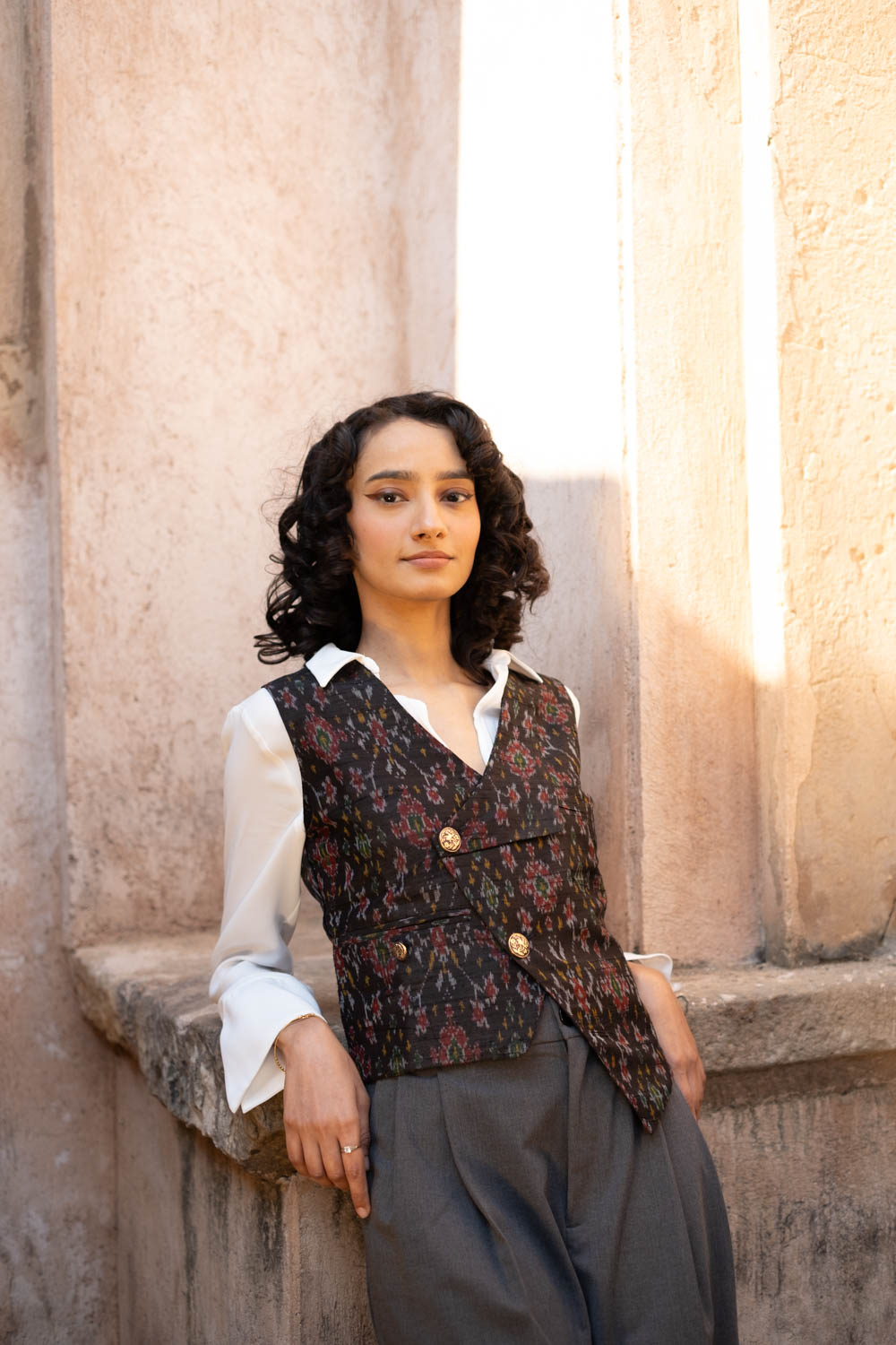 Munia Silk Ikat Waistcoat~Black