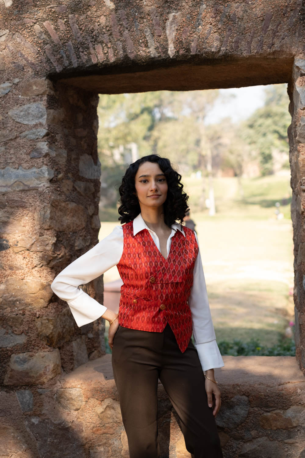 Munia Silk Ikat Waistcoat~Red