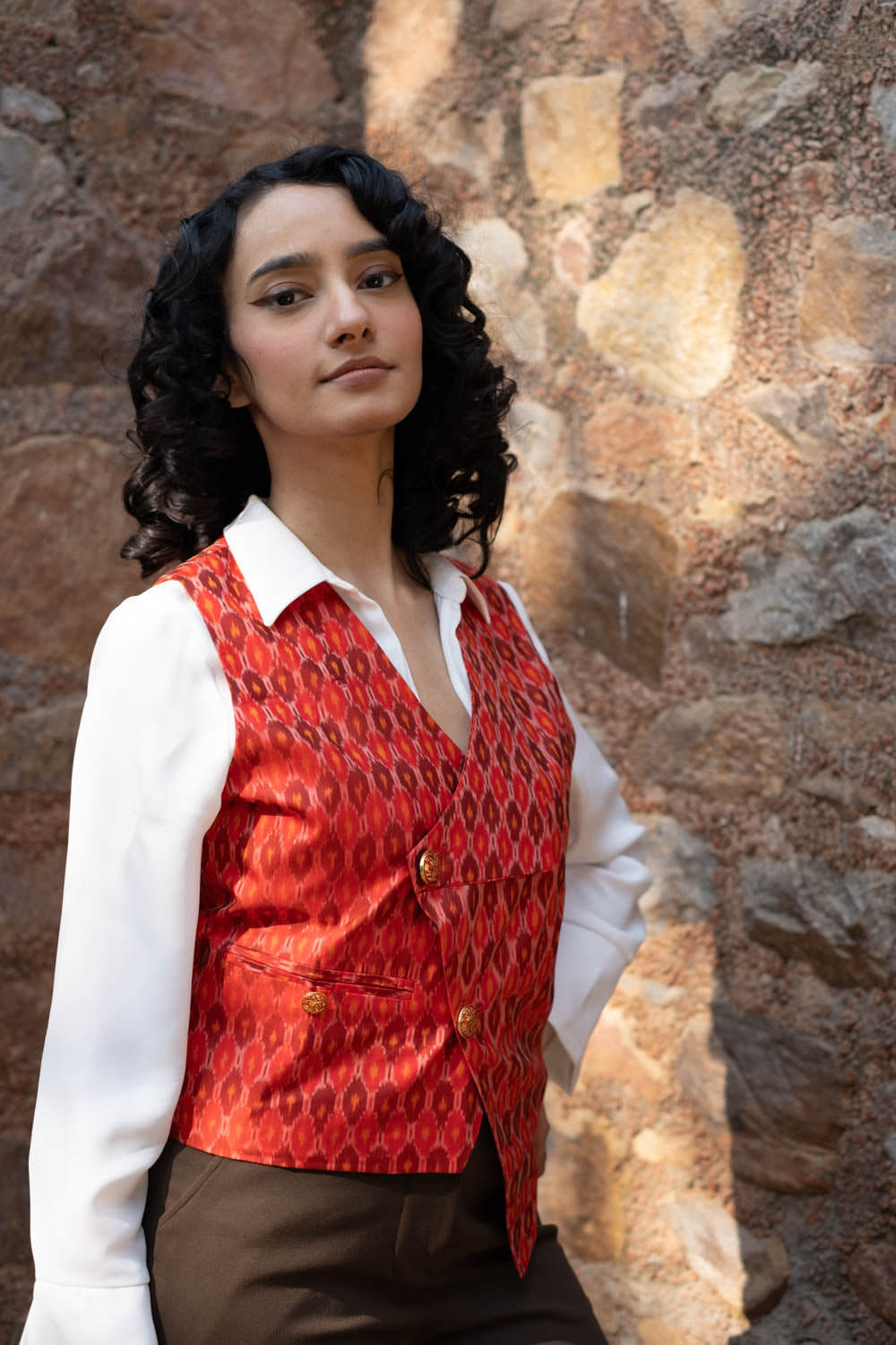 Munia Silk Ikat Waistcoat~Red