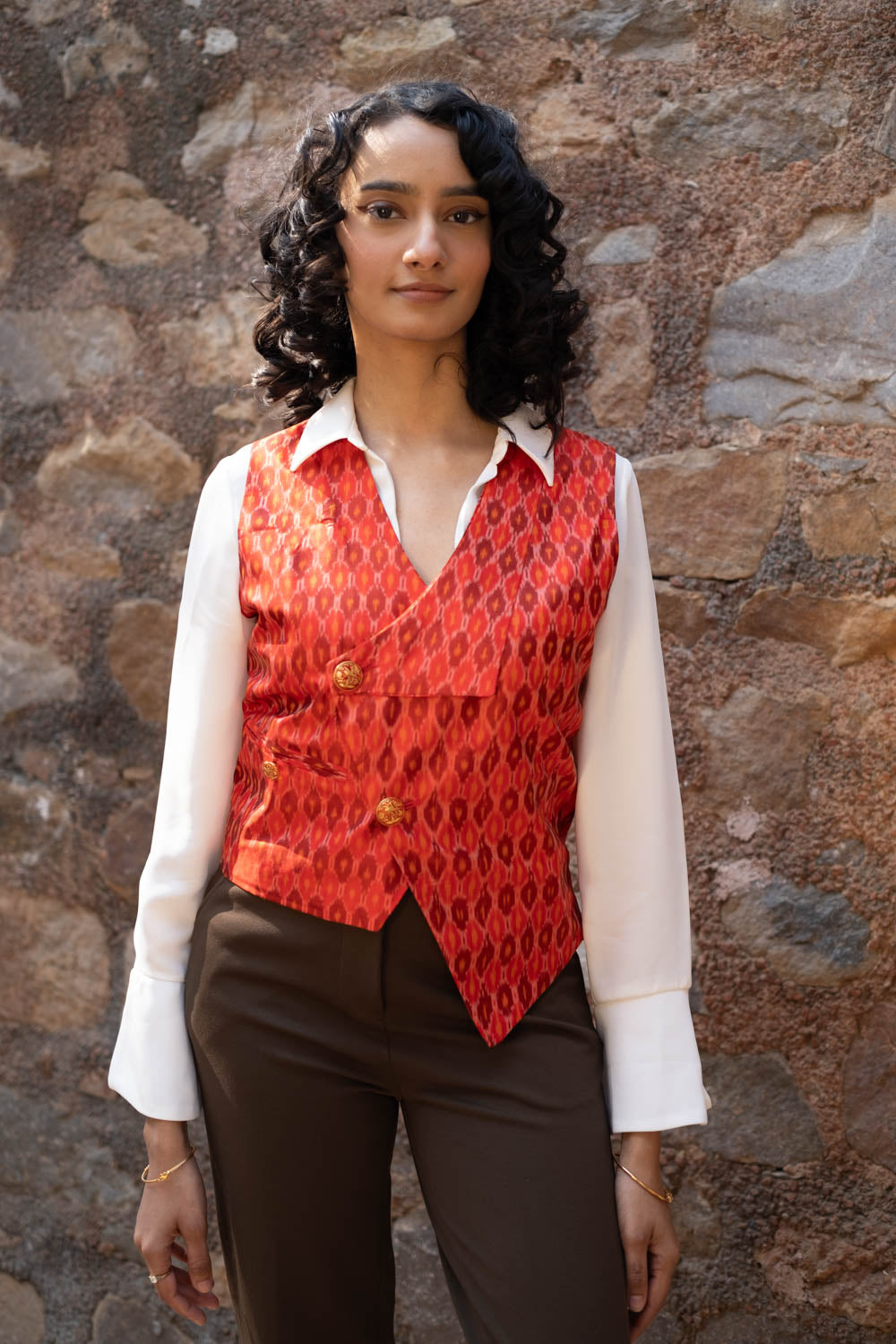 Munia Silk Ikat Waistcoat~Red