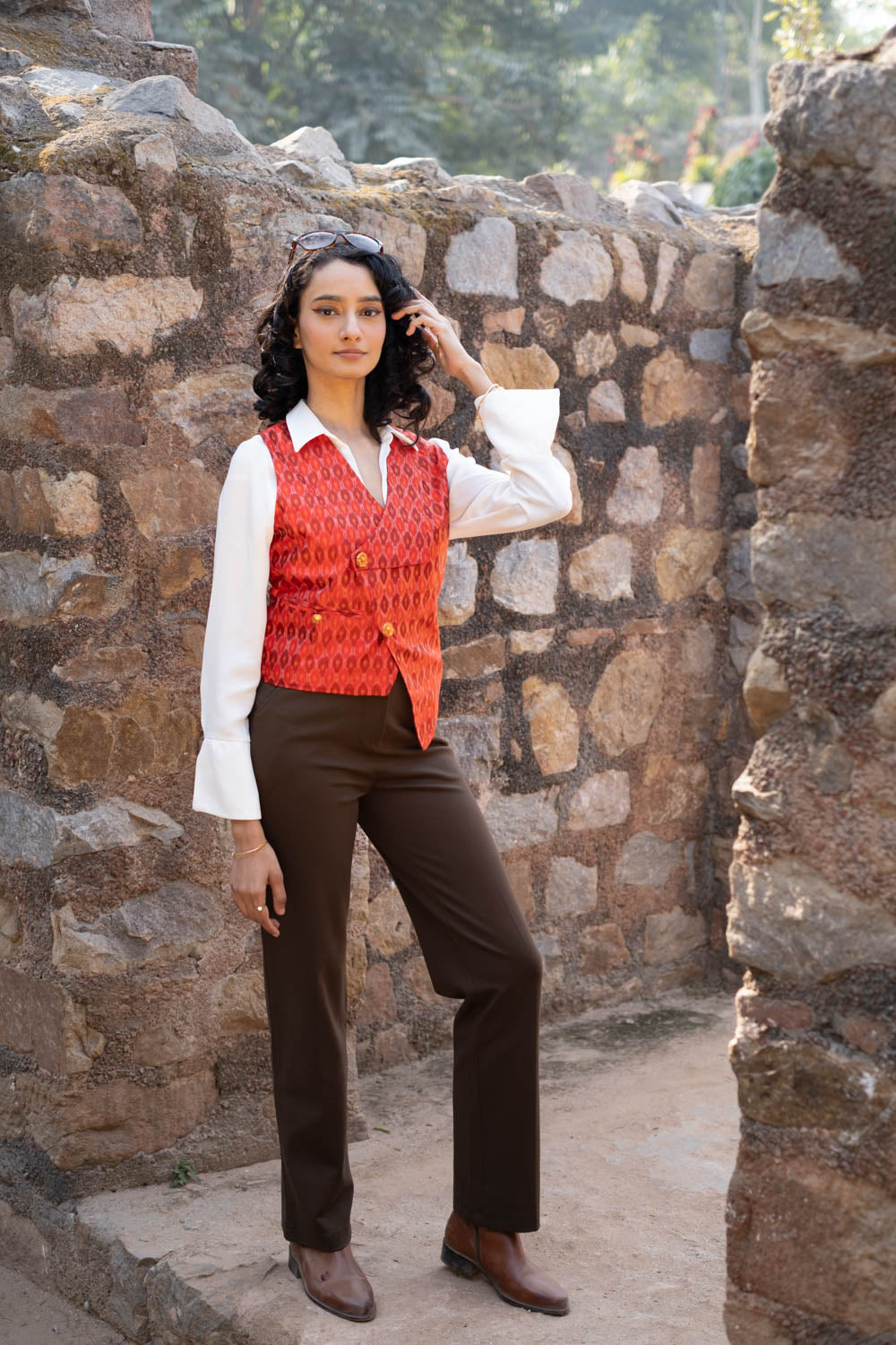 Munia Silk Ikat Waistcoat~Red