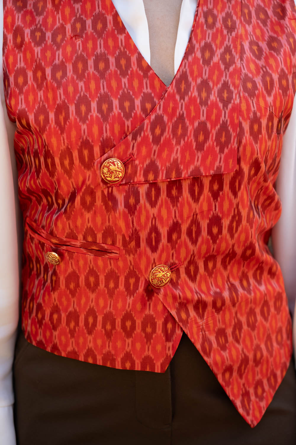 Munia Silk Ikat Waistcoat~Red