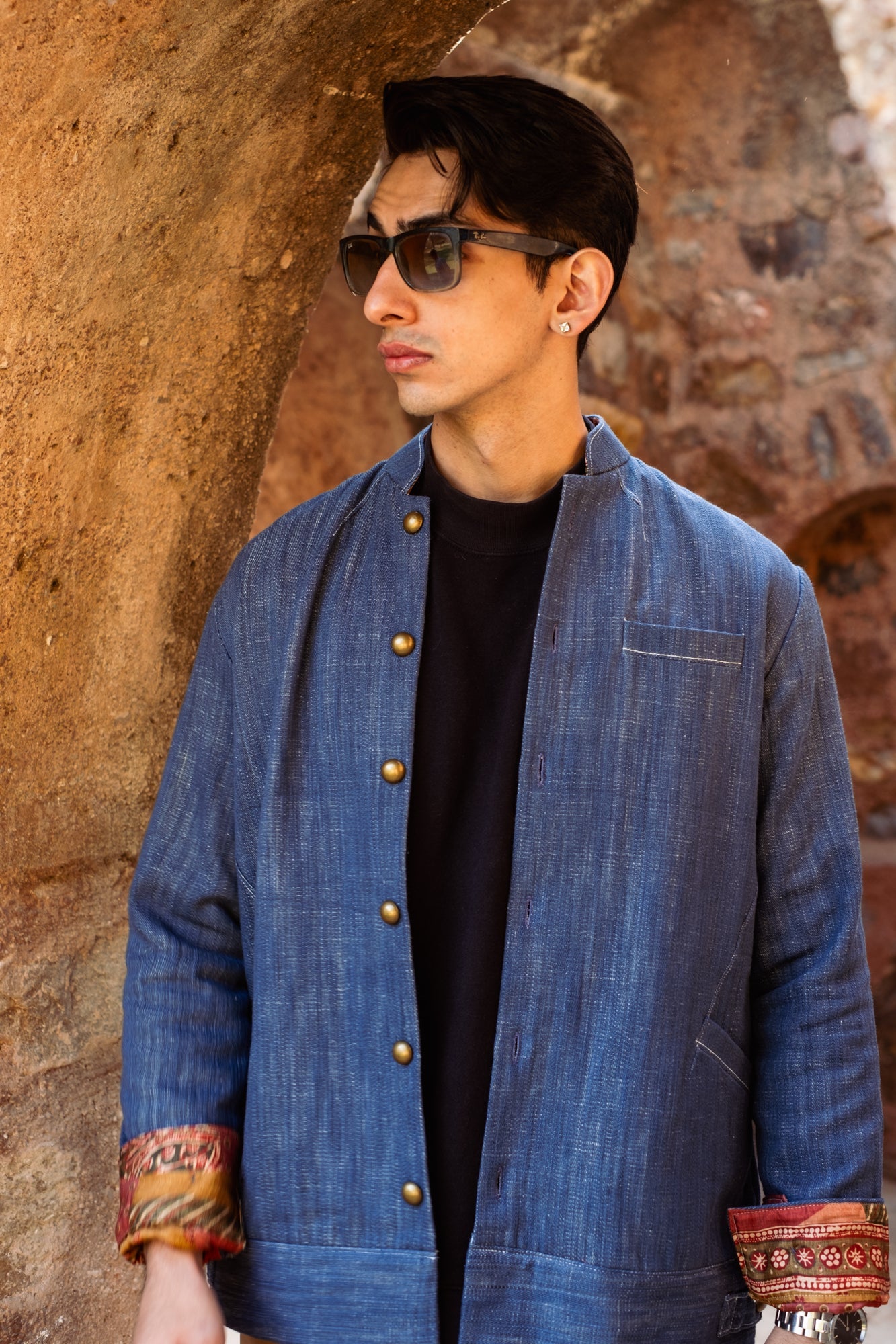 Baya Mandarin Collar Khadi Denim Jacket