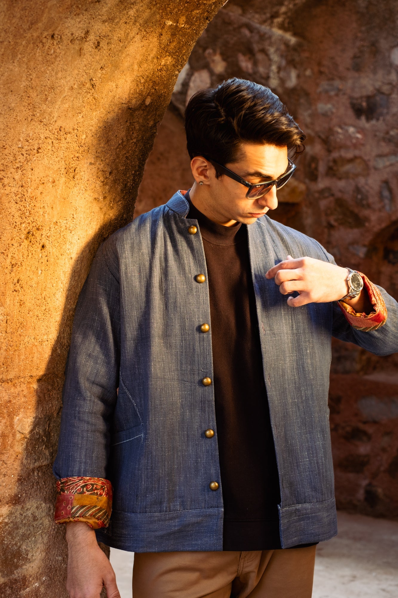 Baya Mandarin Collar Khadi Denim Jacket