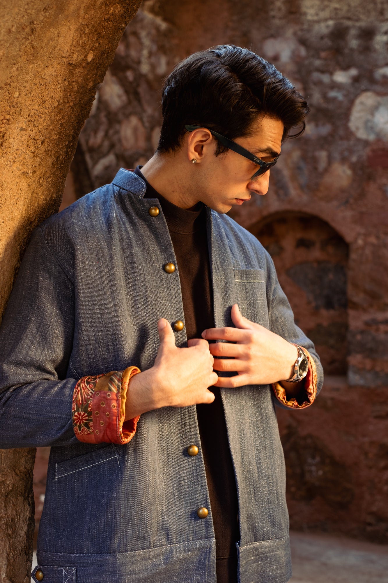 Baya Mandarin Collar Khadi Denim Jacket