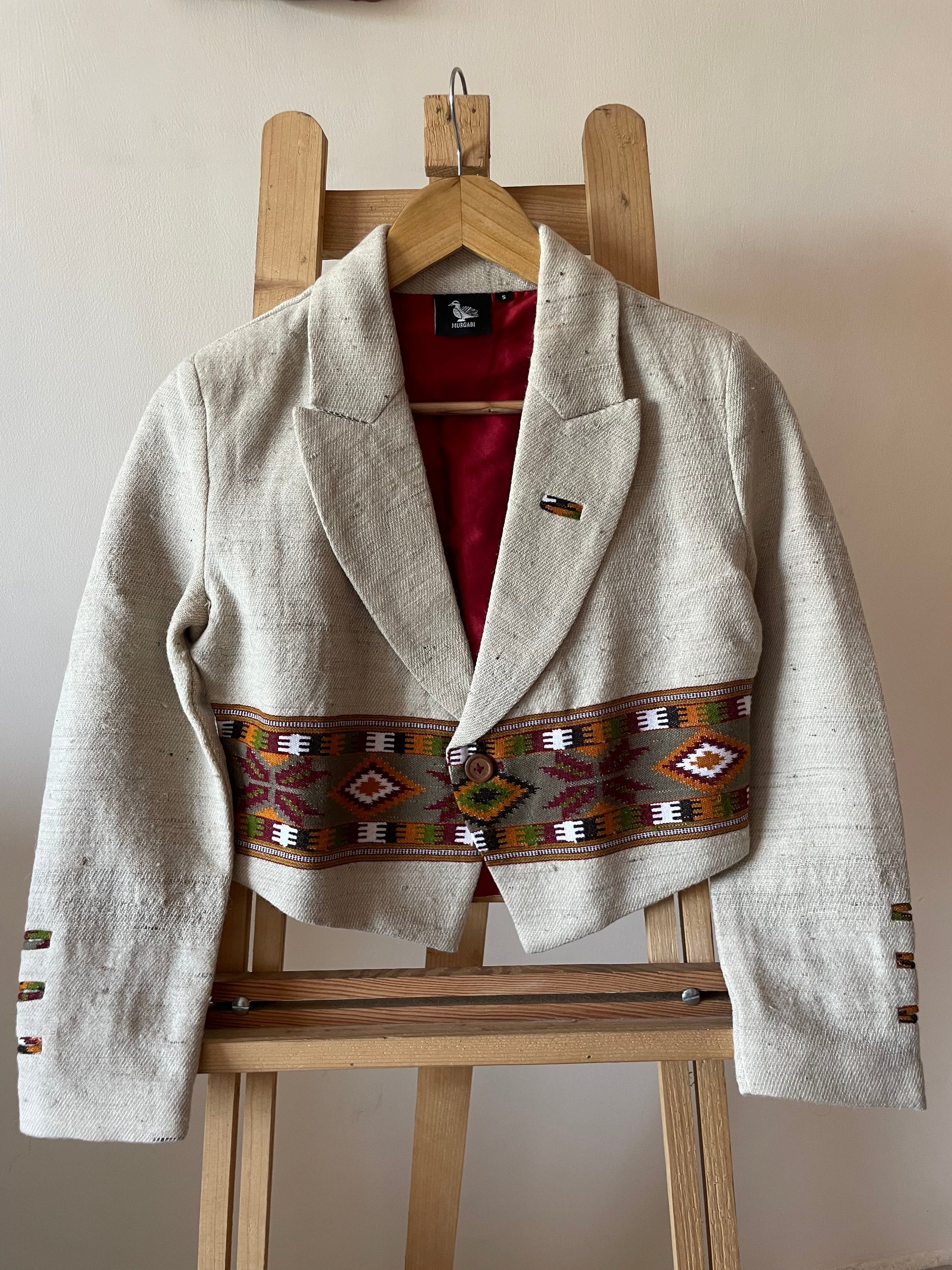 Monal Cropped Suit Handloom Jacket ~ Cream