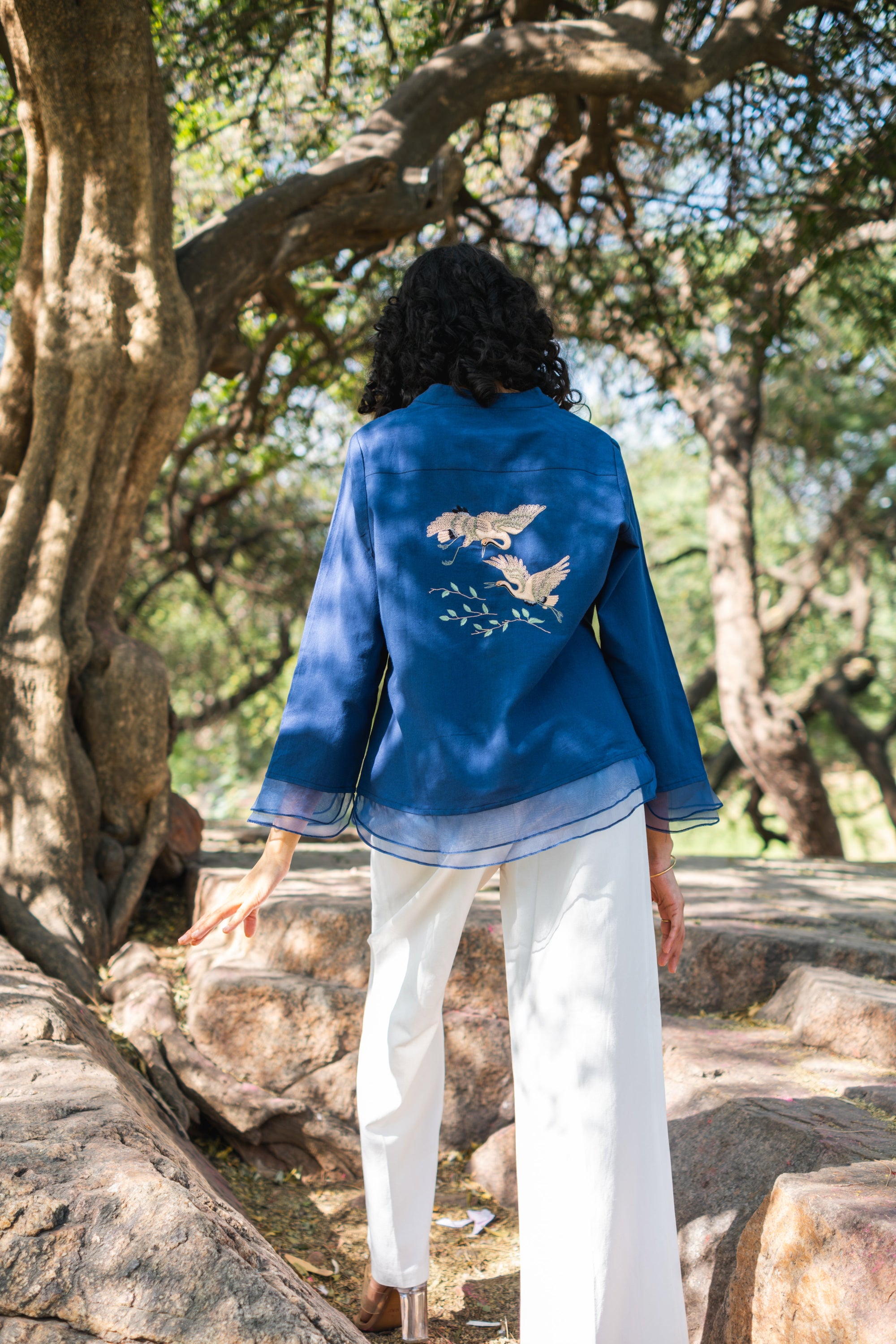 Embroidered Heron Organic Cotton Button Down Top ~ Blue