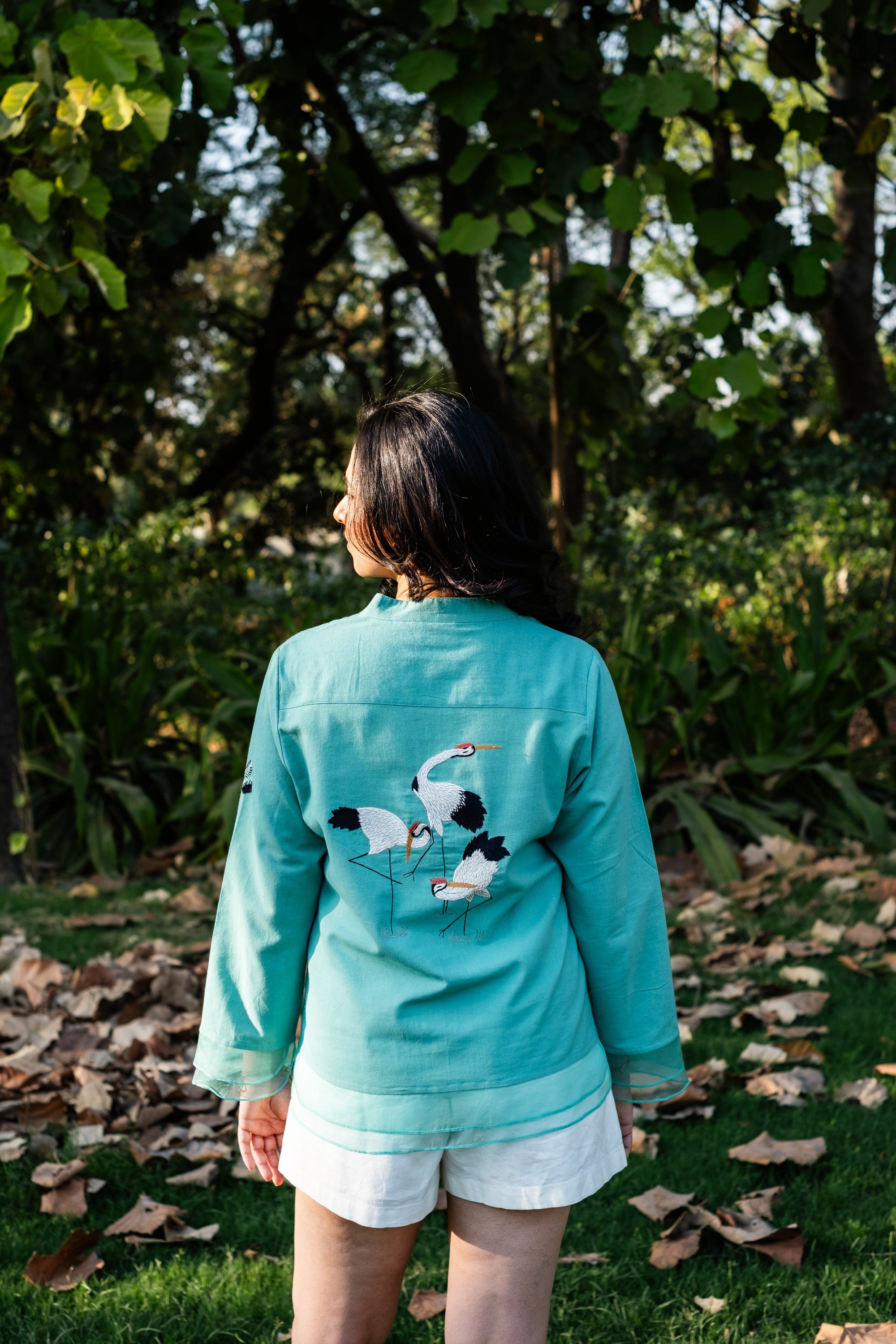 Embroidered Crane Organic Cotton Button Down Top ~ Sea Green