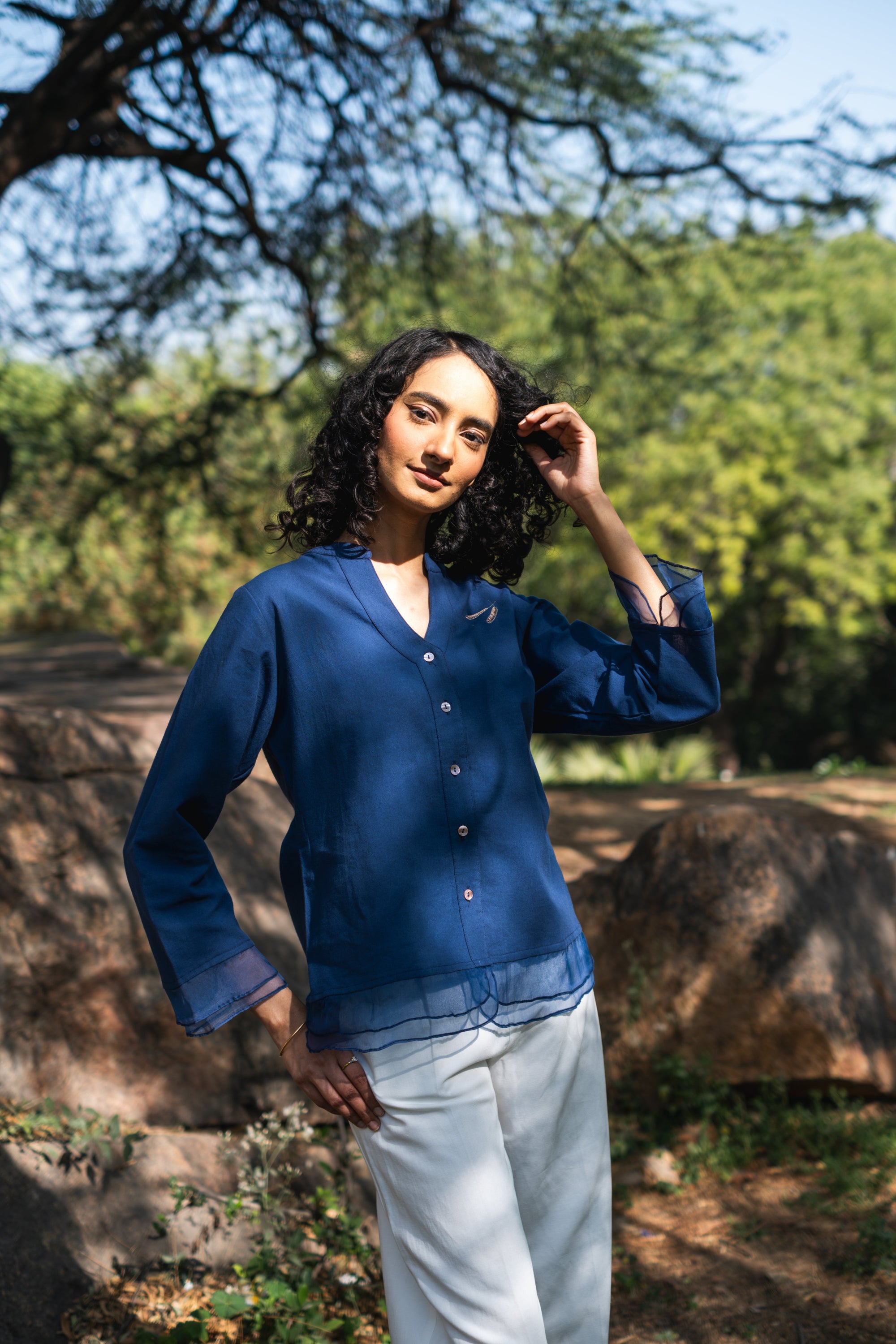 Embroidered Heron Organic Cotton Button Down Top ~ Blue
