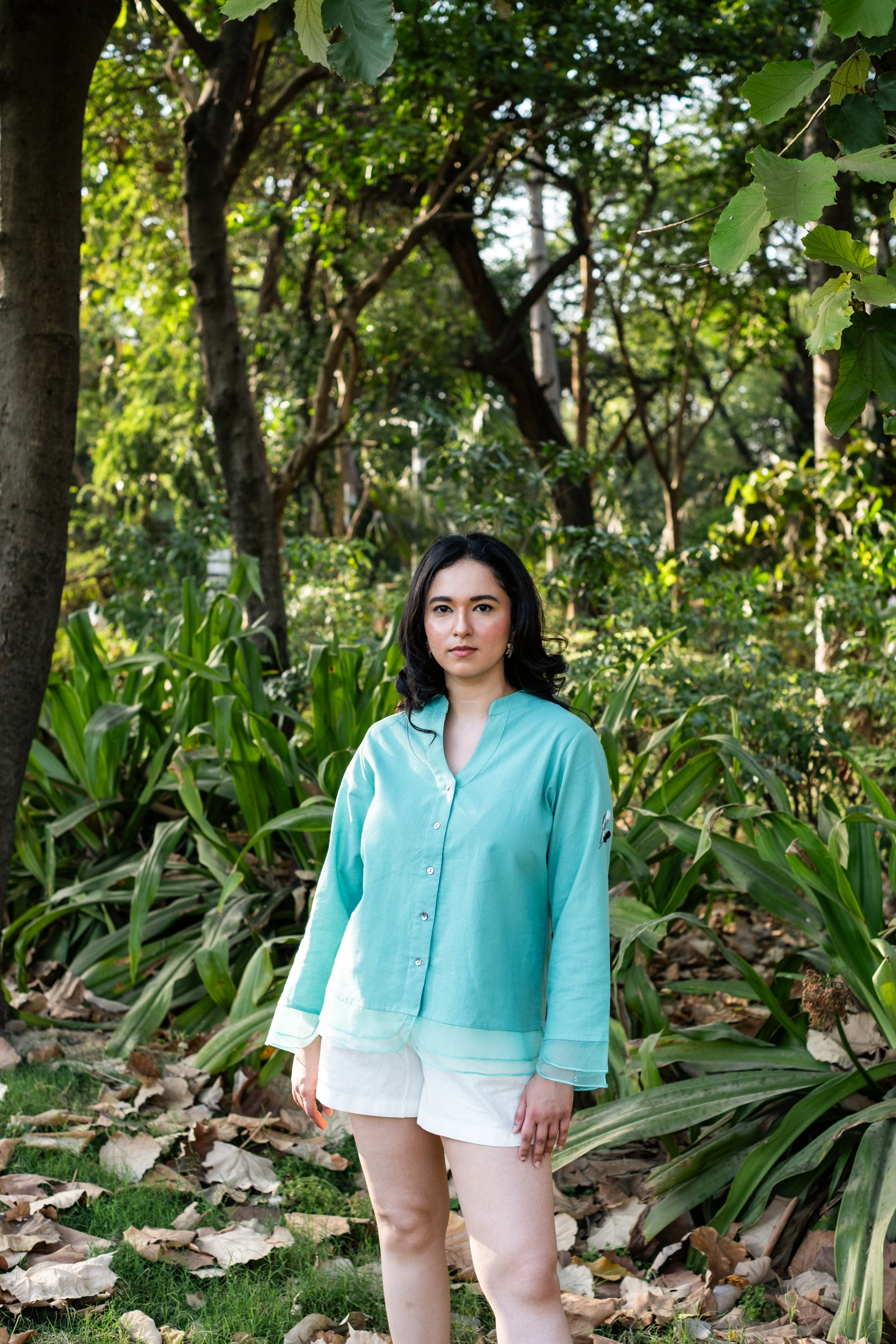 Embroidered Crane Organic Cotton Button Down Top ~ Sea Green