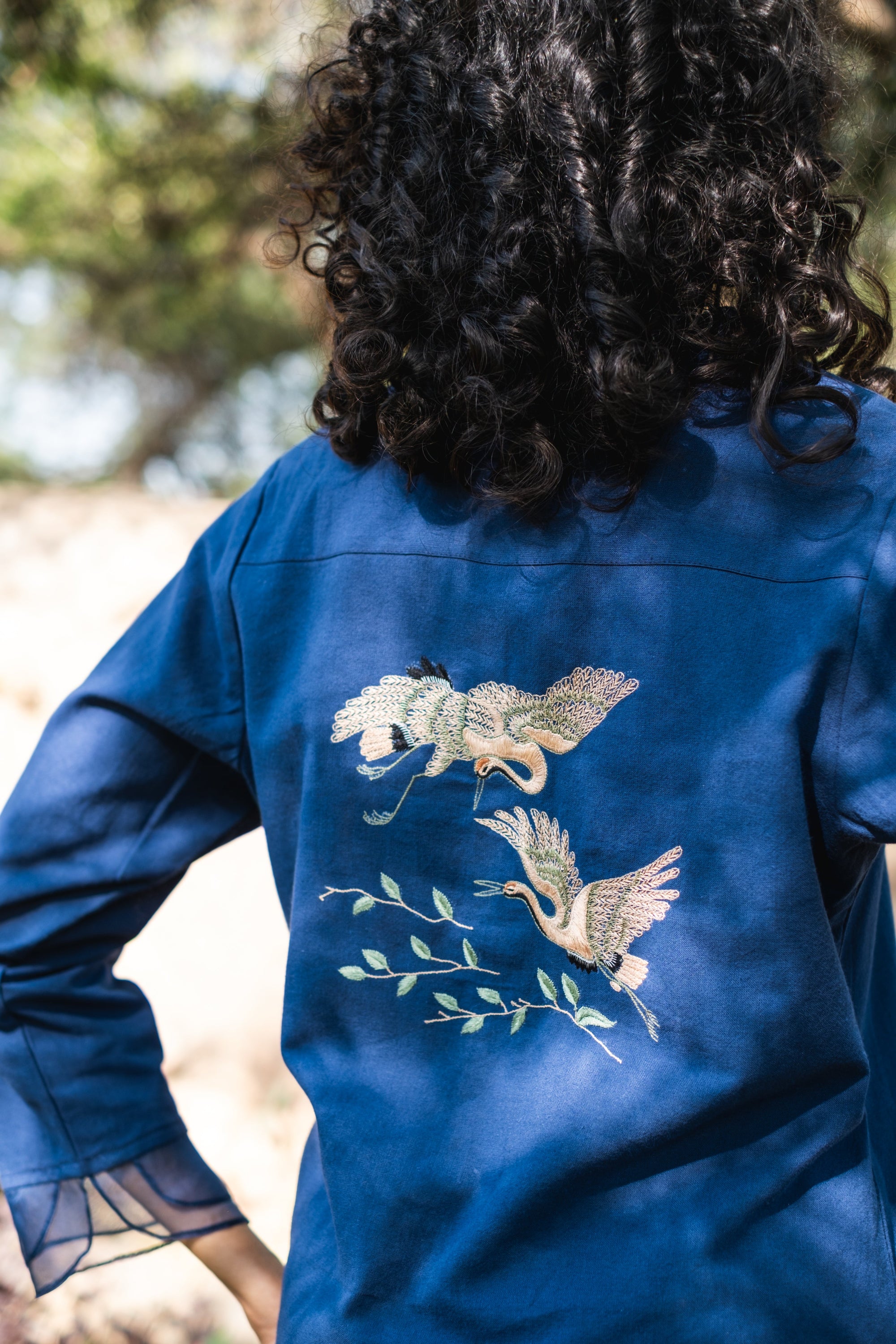 Embroidered Heron Organic Cotton Button Down Top ~ Blue