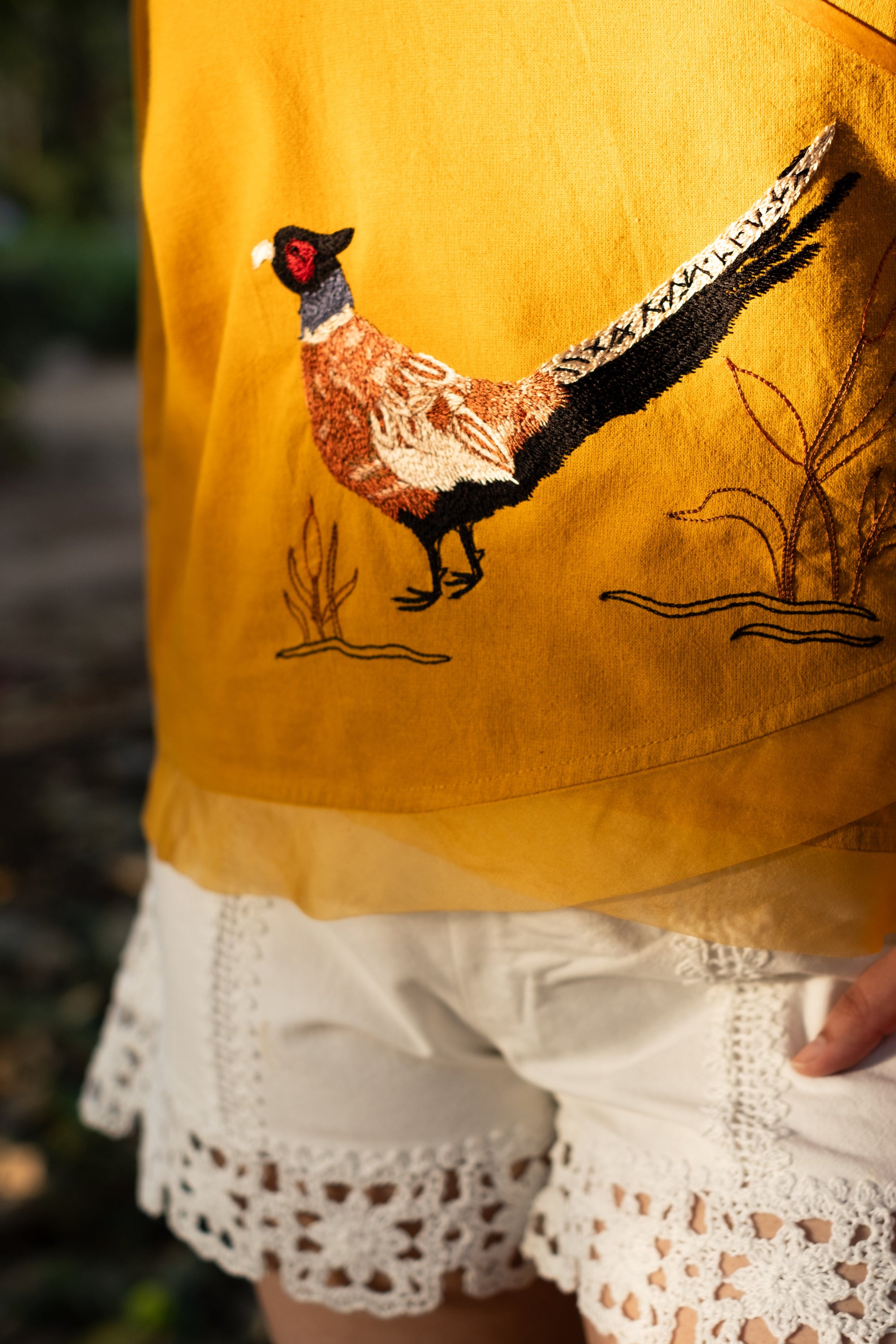 Embroidered Pheasant Organic Cotton Crossbody Top ~ Mustard
