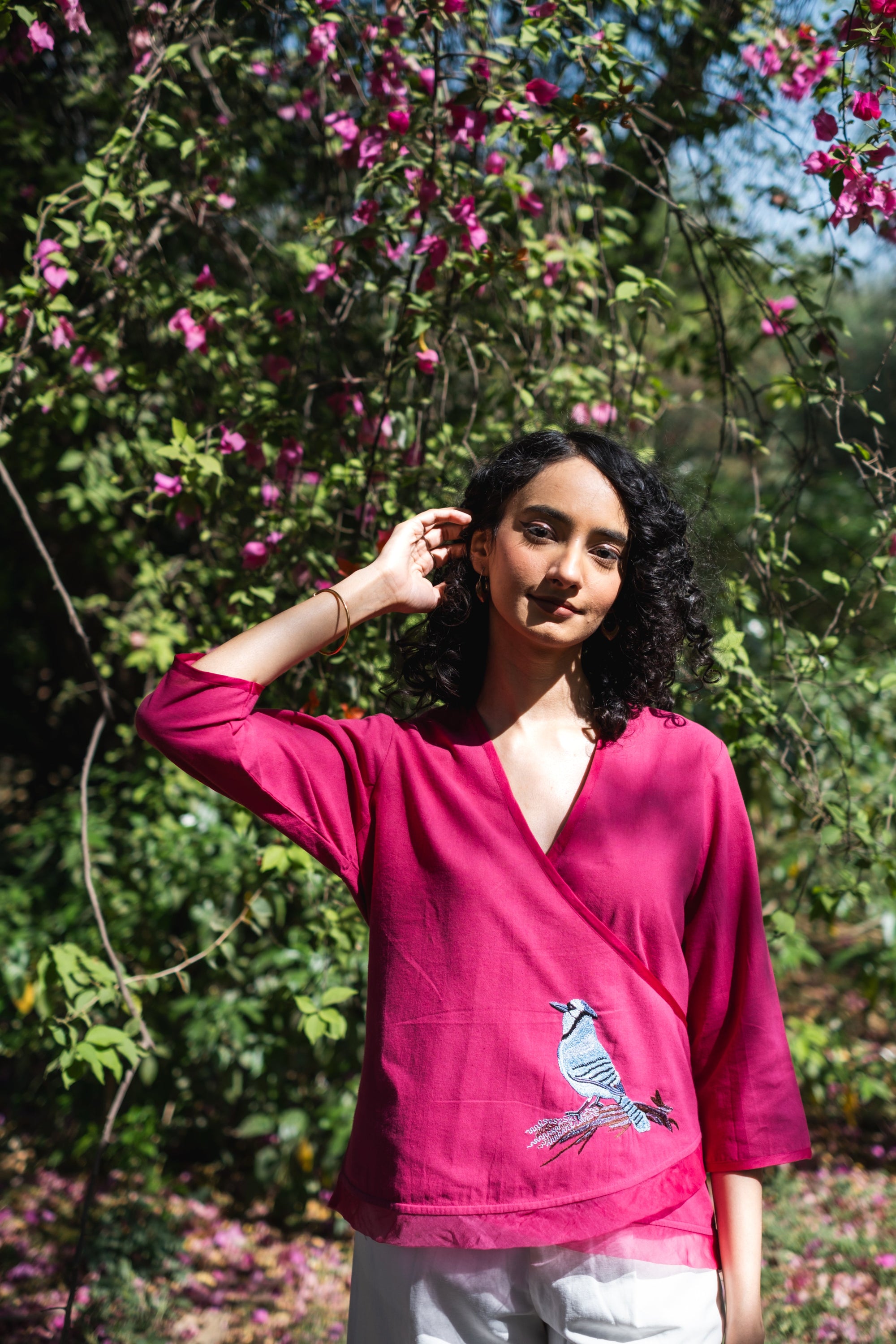 Embroidered Blue Jay Organic Cotton Crossbody Top ~ Pink