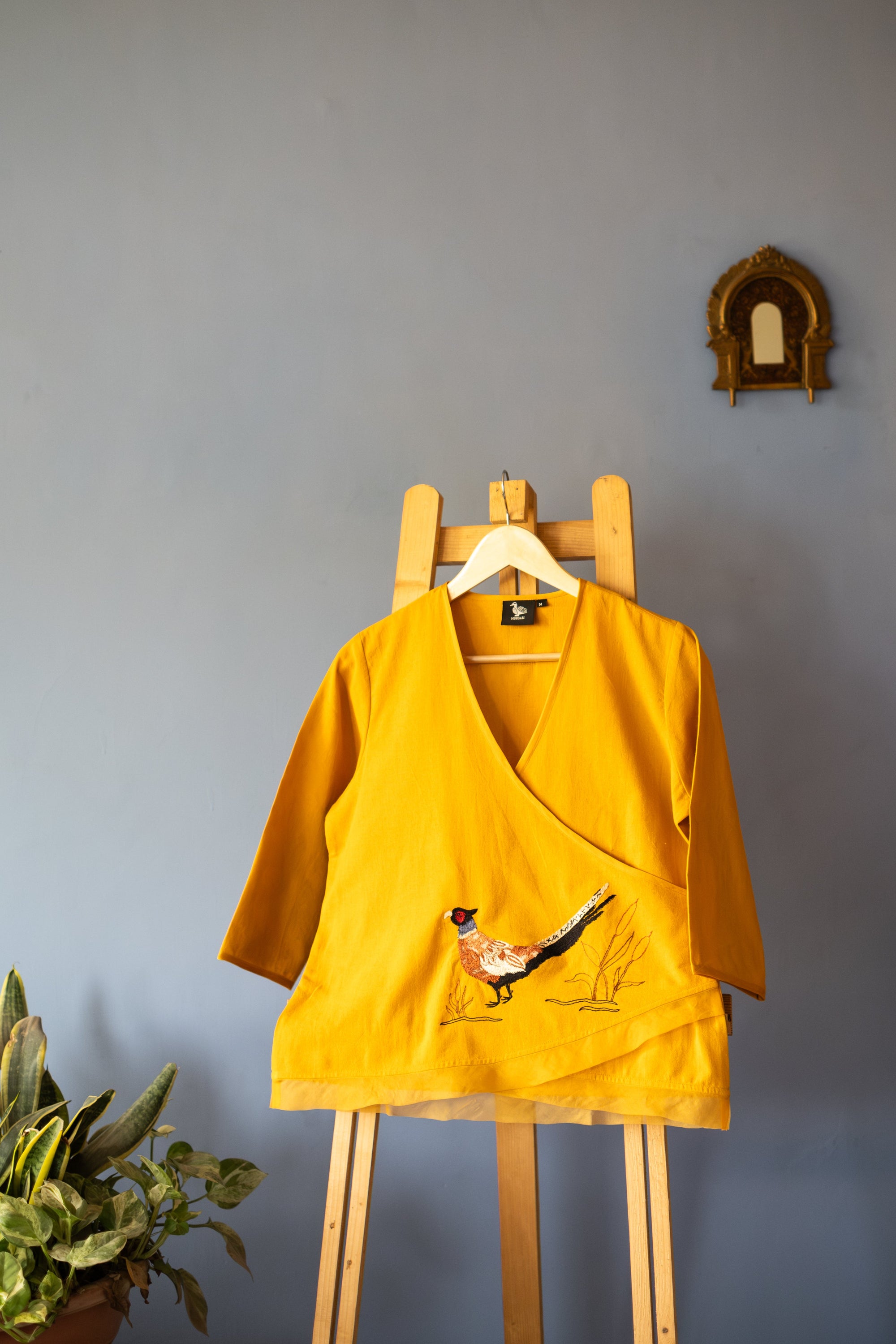 Embroidered Pheasant Organic Cotton Crossbody Top ~ Mustard