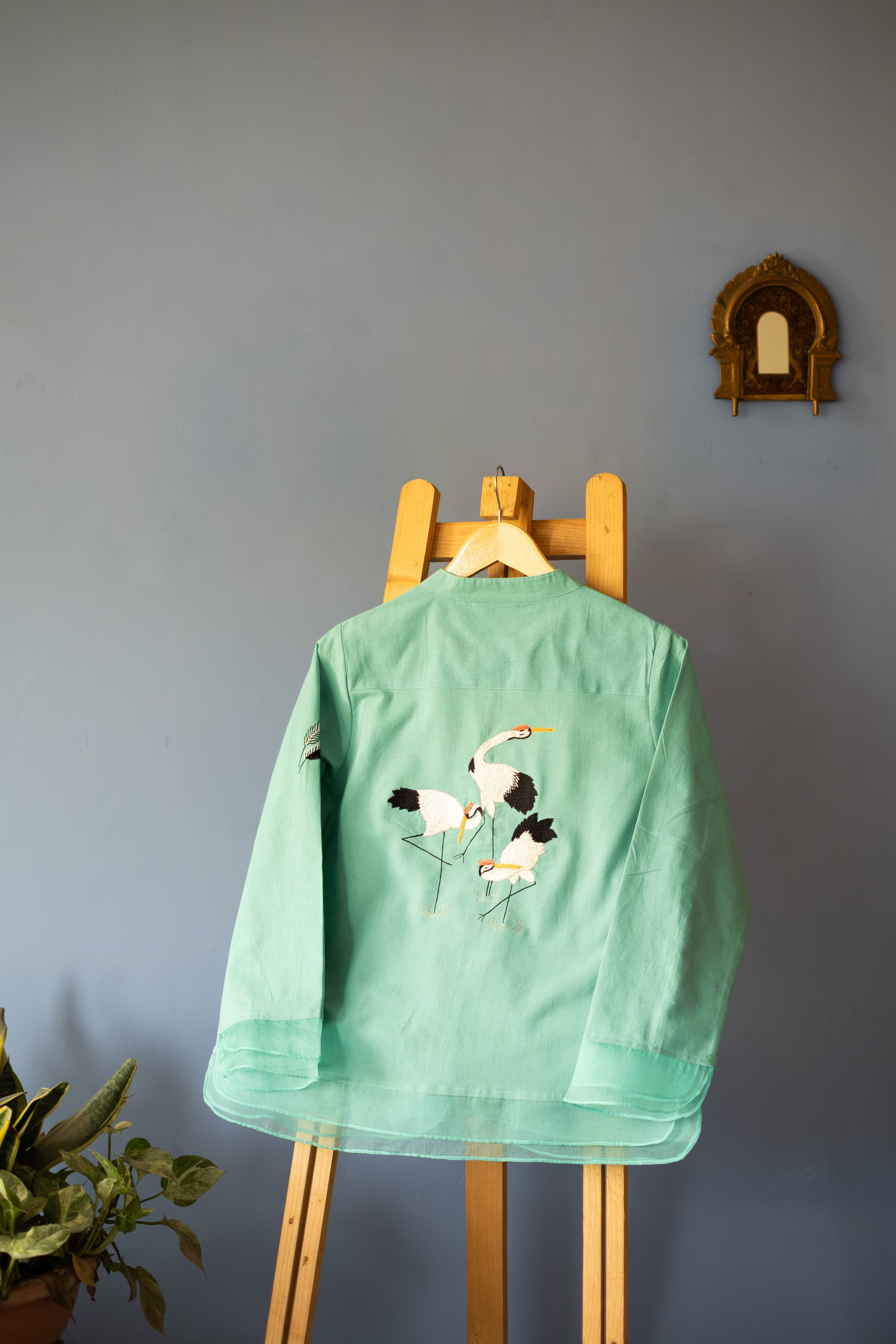Embroidered Crane Organic Cotton Button Down Top ~ Sea Green