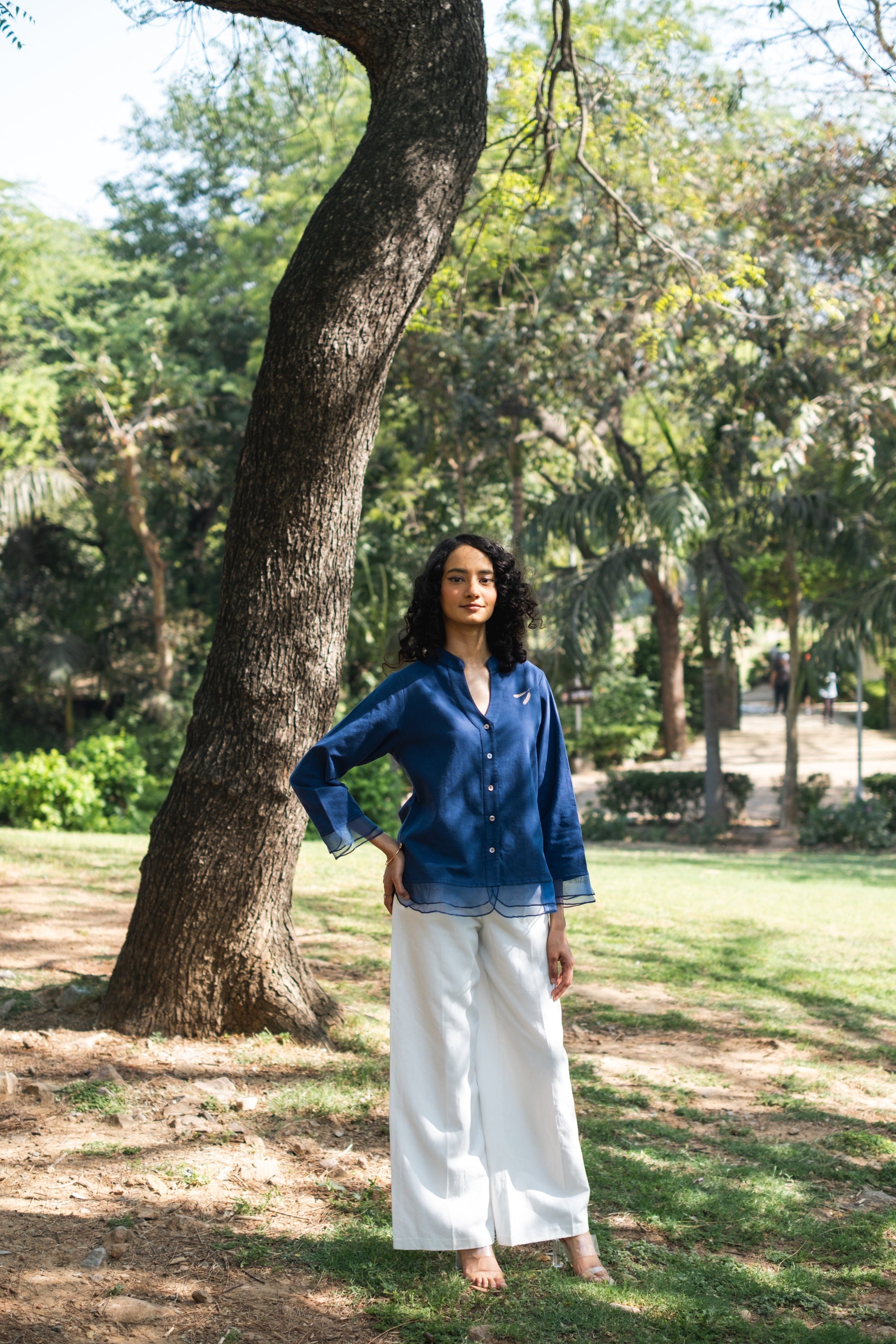 Embroidered Heron Organic Cotton Button Down Top ~ Blue