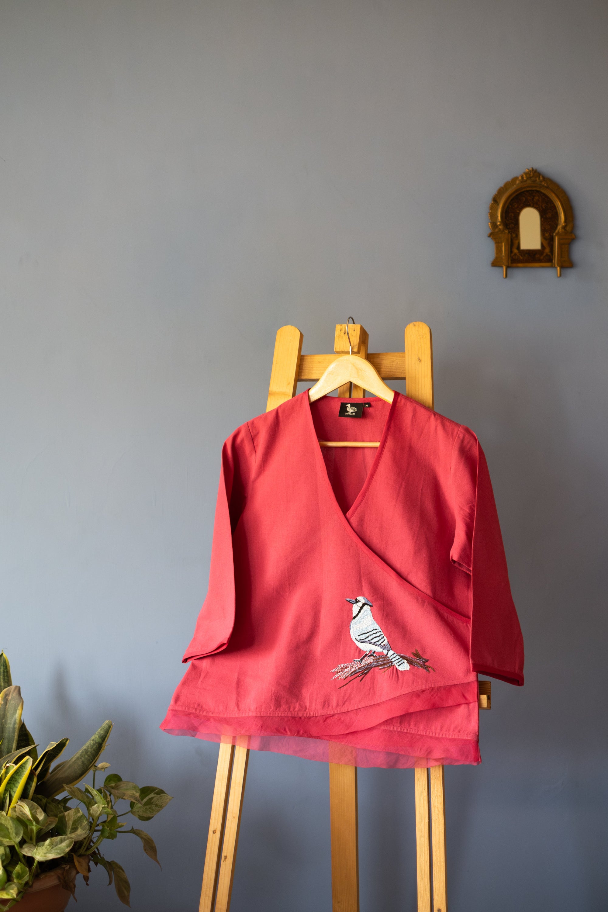 Embroidered Blue Jay Organic Cotton Crossbody Top ~ Pink