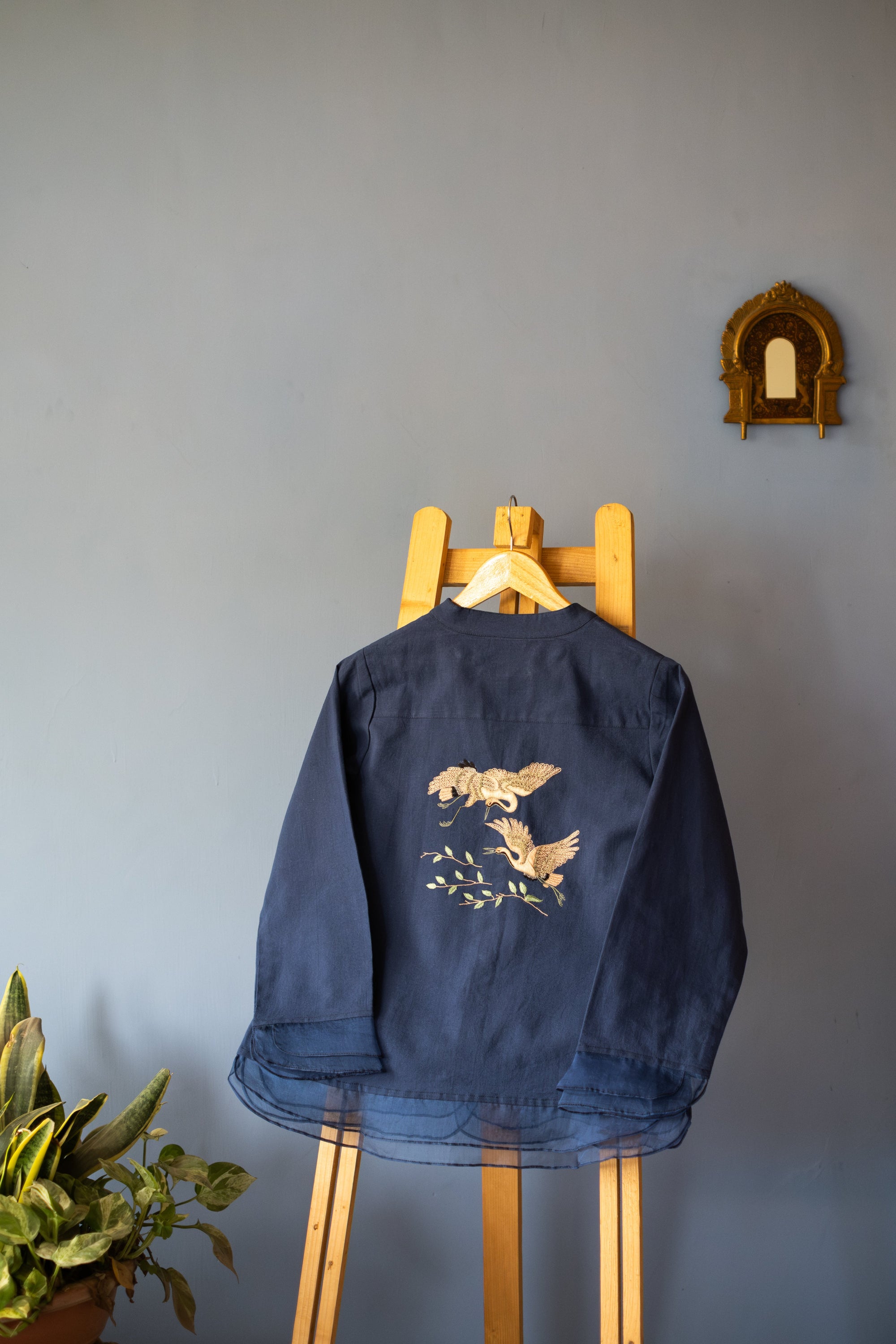 Embroidered Heron Organic Cotton Button Down Top ~ Blue