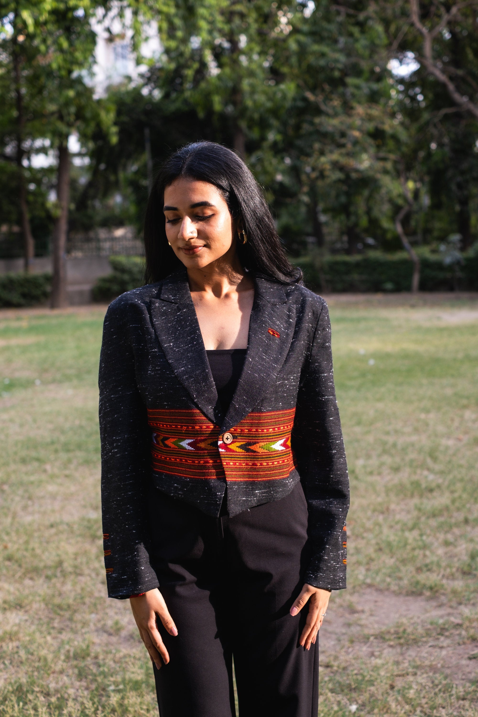 Monal Cropped Suit Jacket ~ Snow Flake Black