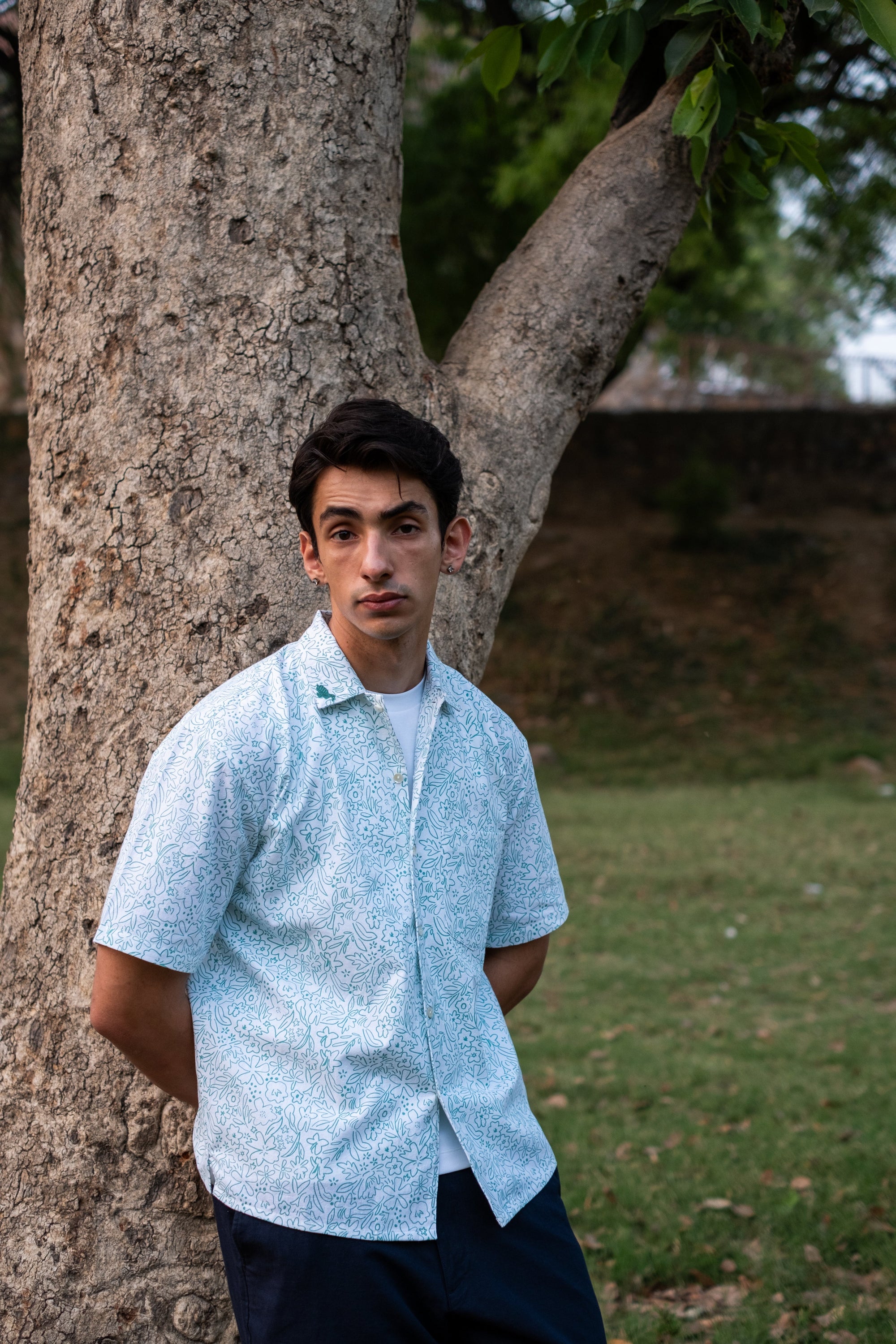 Printed Organic Cotton Bush Shirt ~ Sea Green