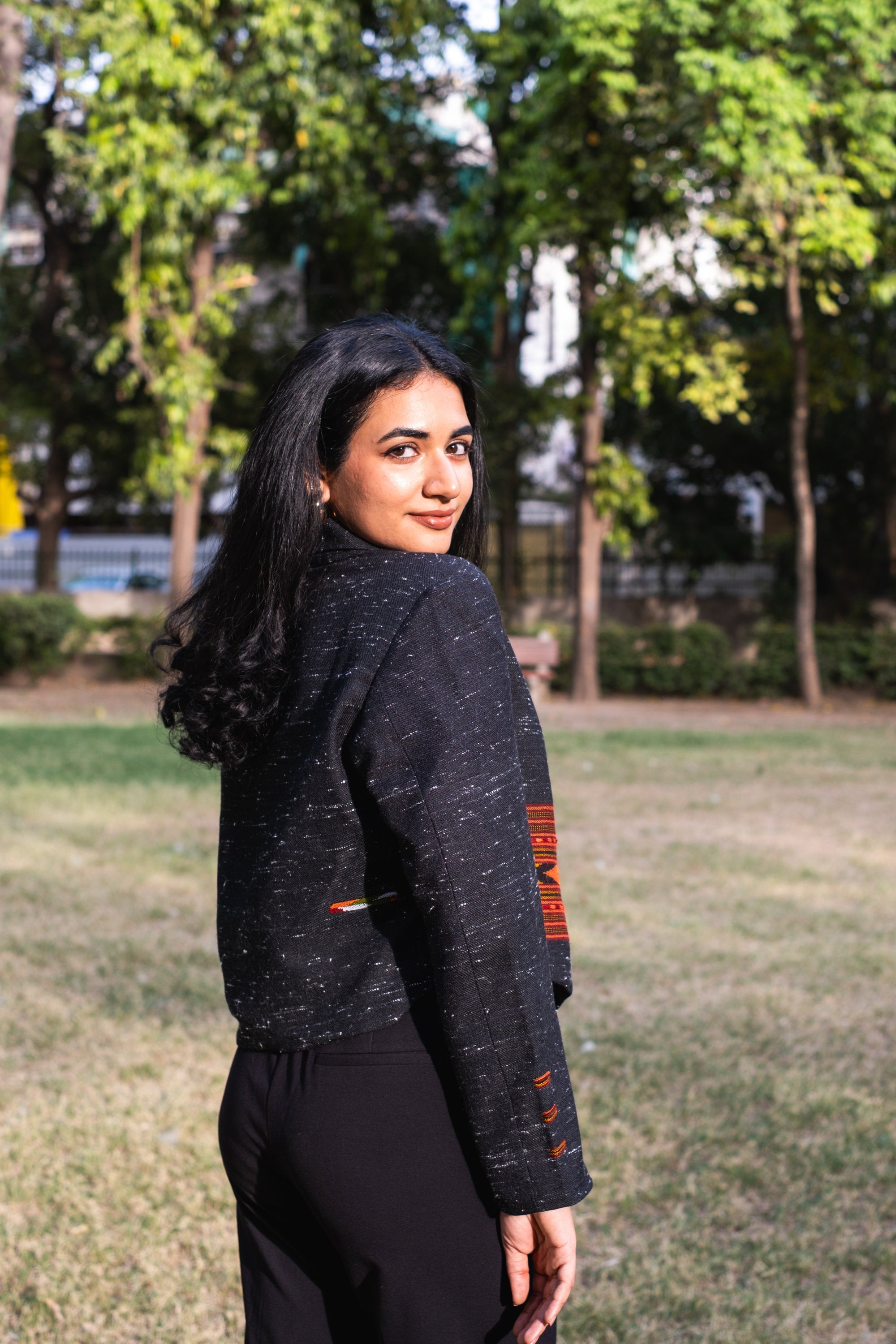 Monal Cropped Suit Jacket ~ Snow Flake Black