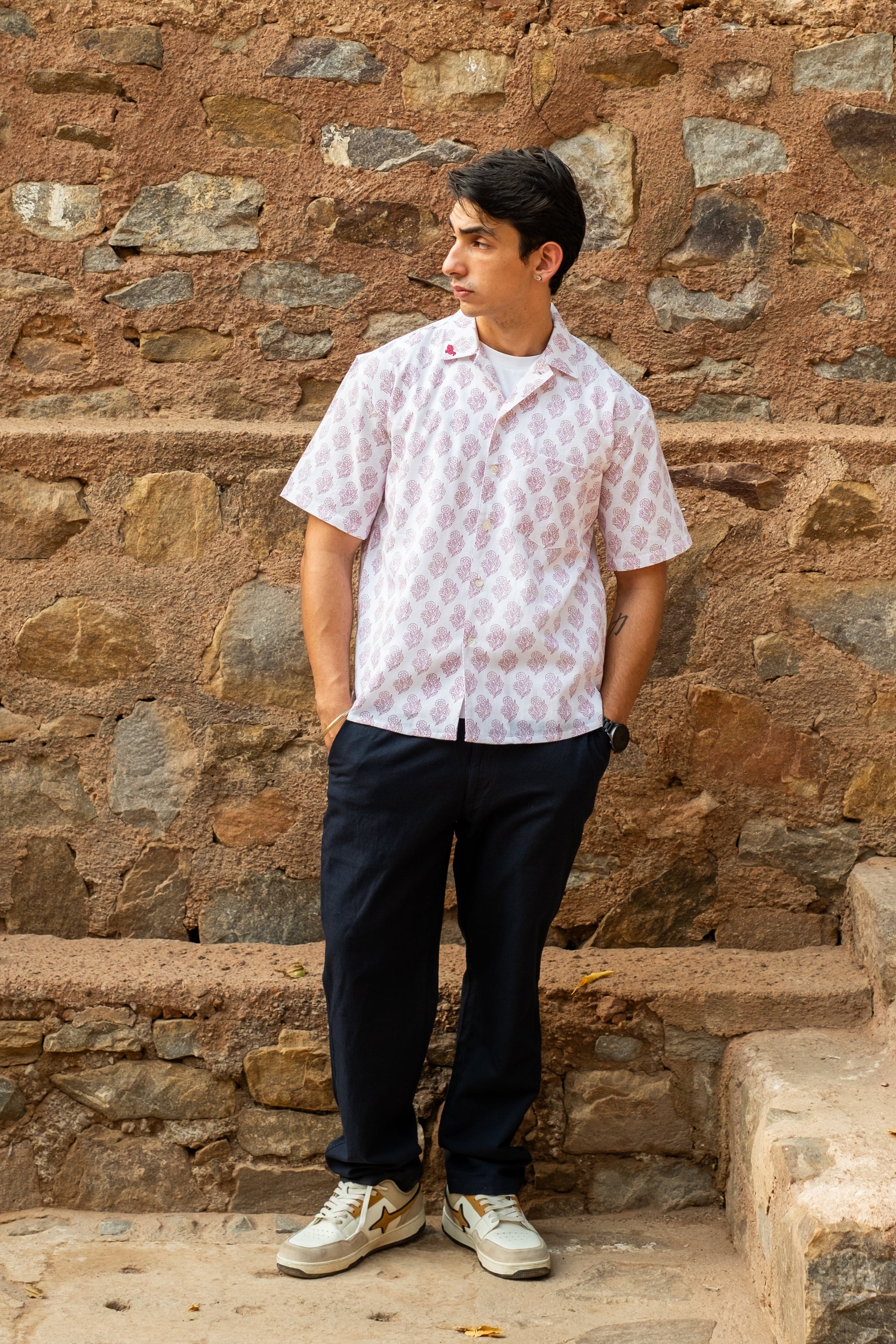 Printed Organic Cotton Bush Shirt ~ Pink