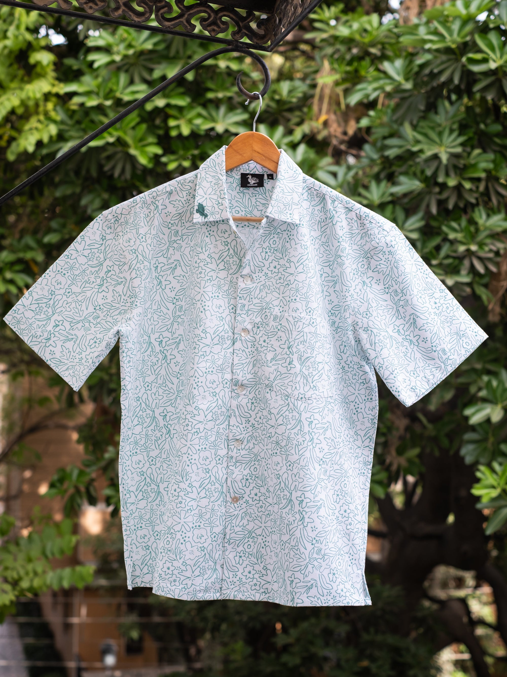 Printed Organic Cotton Bush Shirt ~ Sea Green