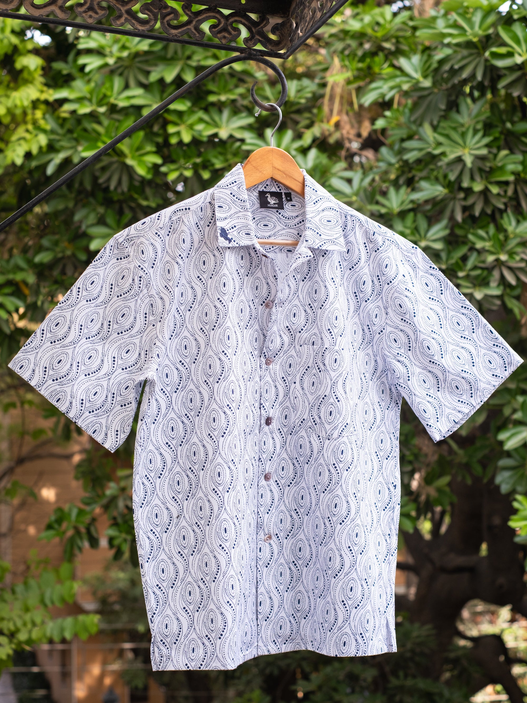 Printed Organic Cotton Bush Shirt ~ Blue Dots