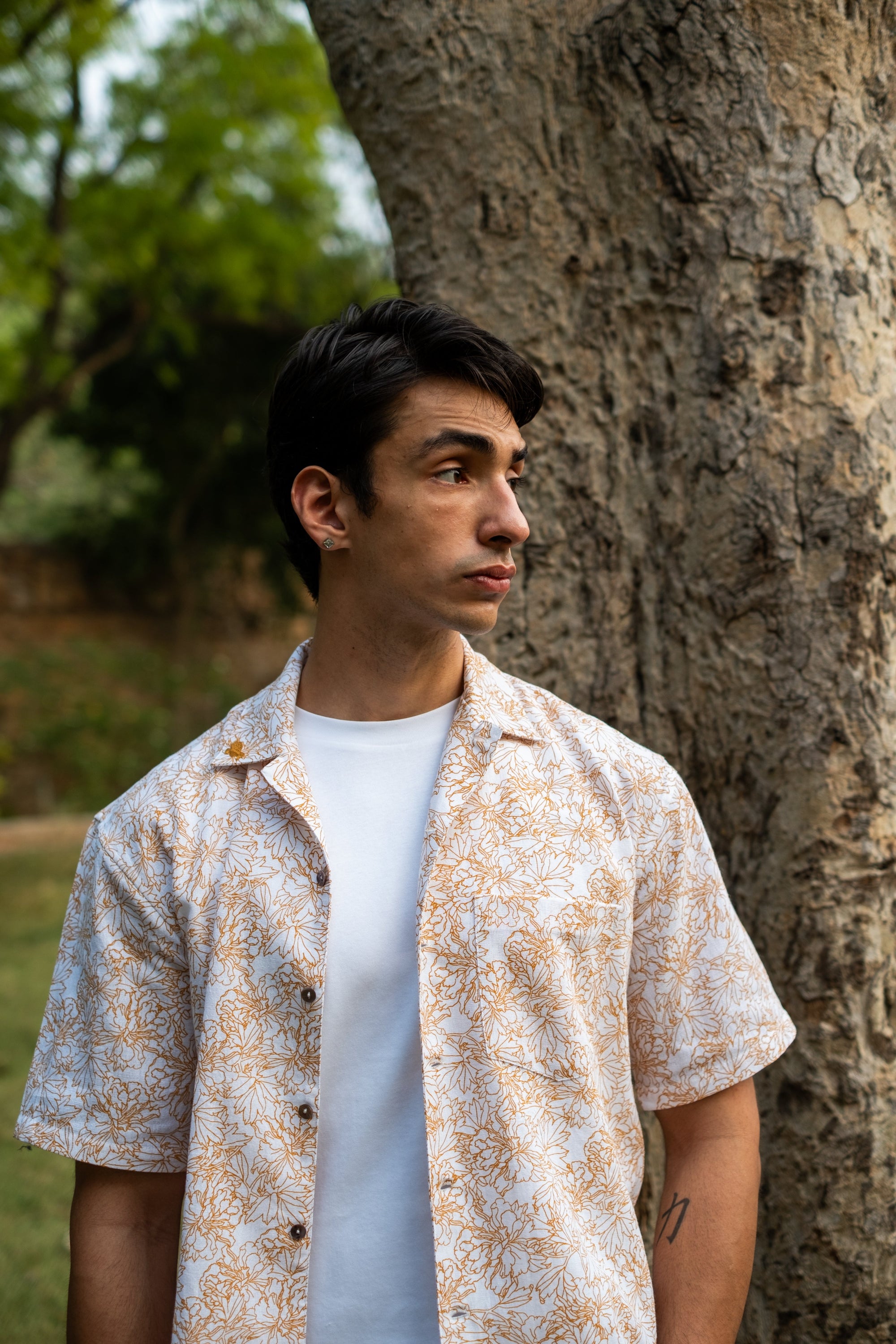 Printed Organic Cotton Bush Shirt ~ Mustard