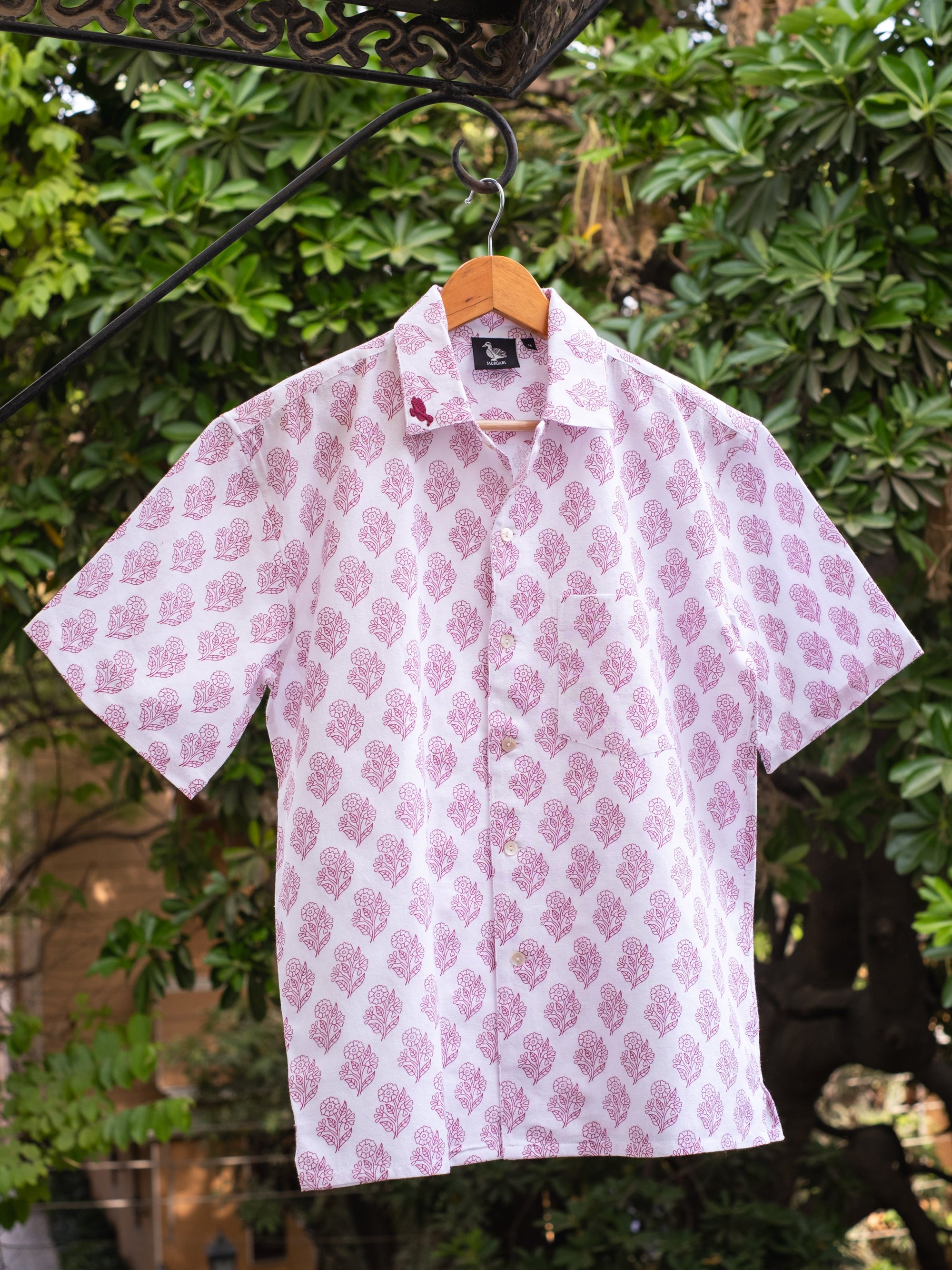 Printed Organic Cotton Bush Shirt ~ Pink