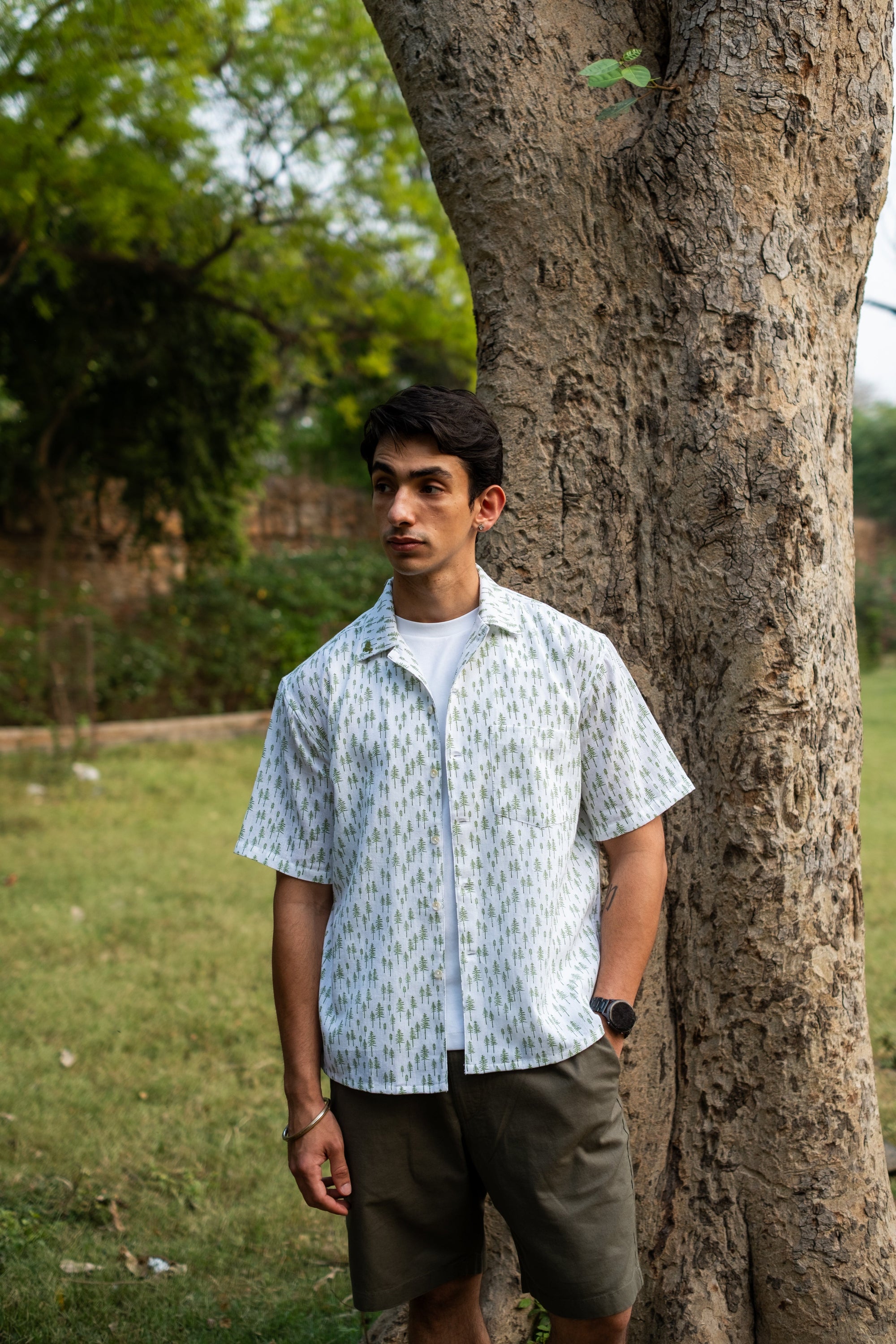 Printed Organic Cotton Bush Shirt ~ Green Tree