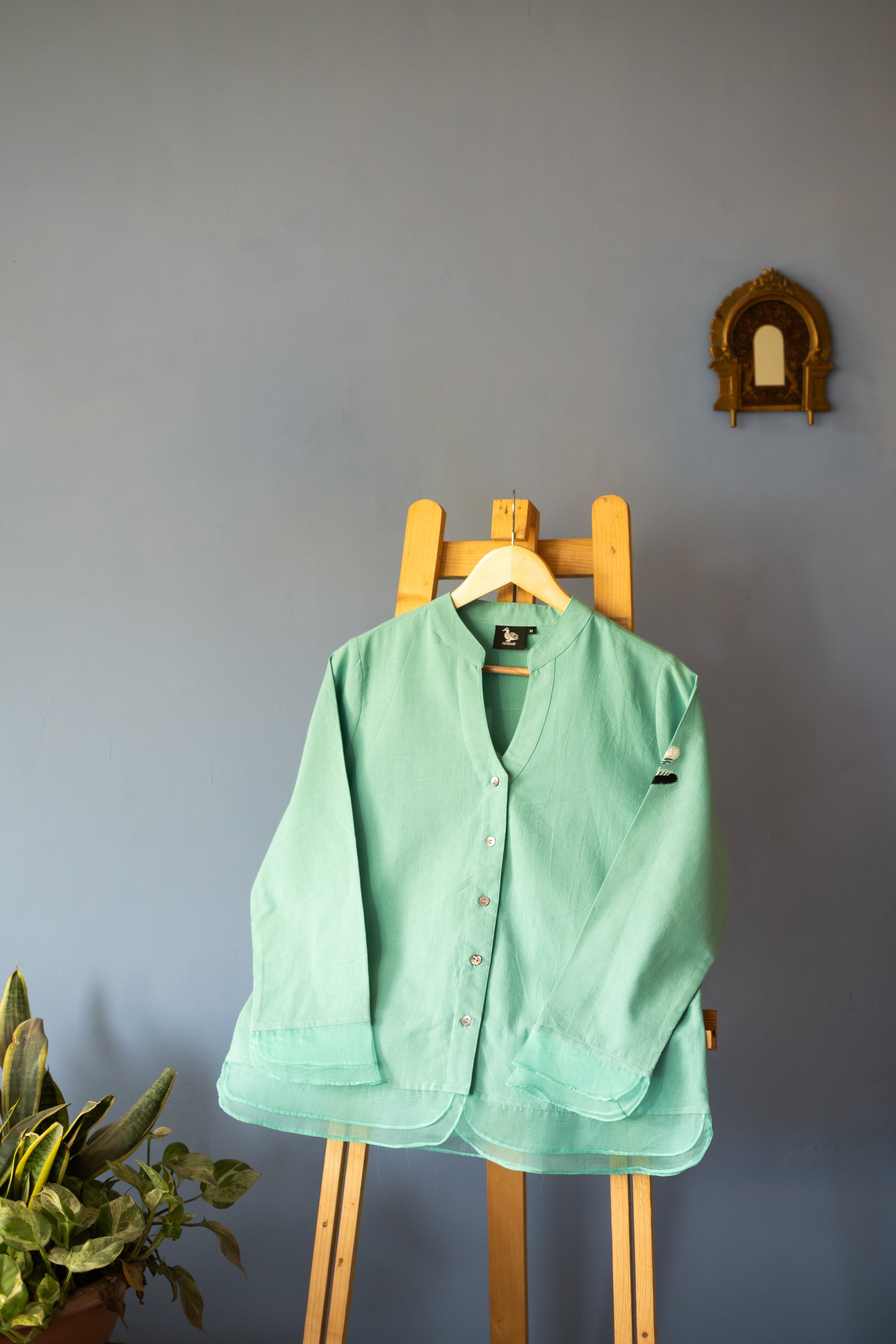 Embroidered Crane Organic Cotton Button Down Top ~ Sea Green
