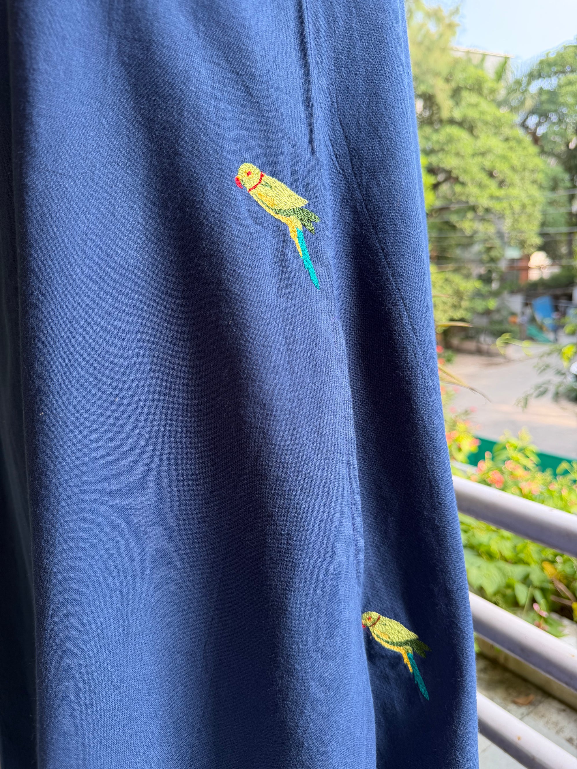 Embroidered Bird Organic Cotton Dress ~ Blue