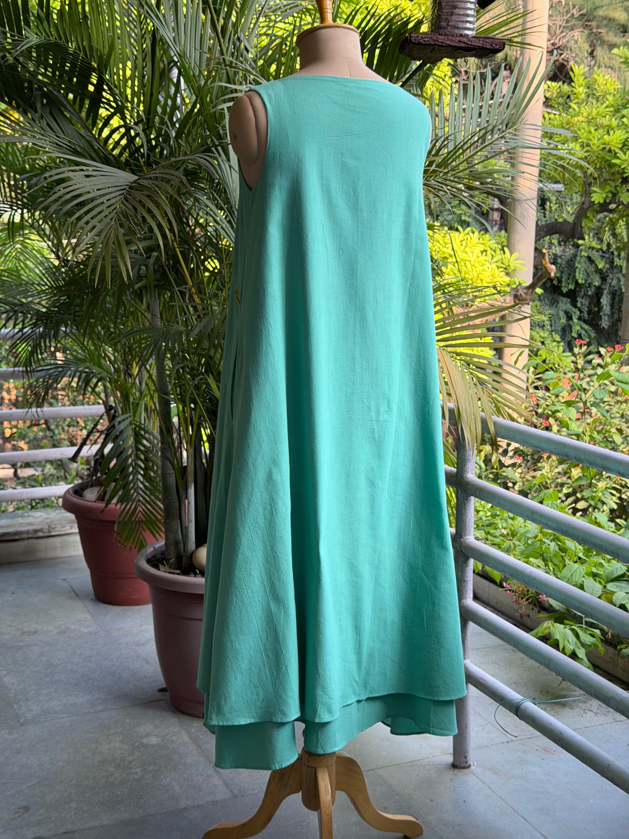 Embroidered Bird Organic Cotton Dress ~ Sea Green