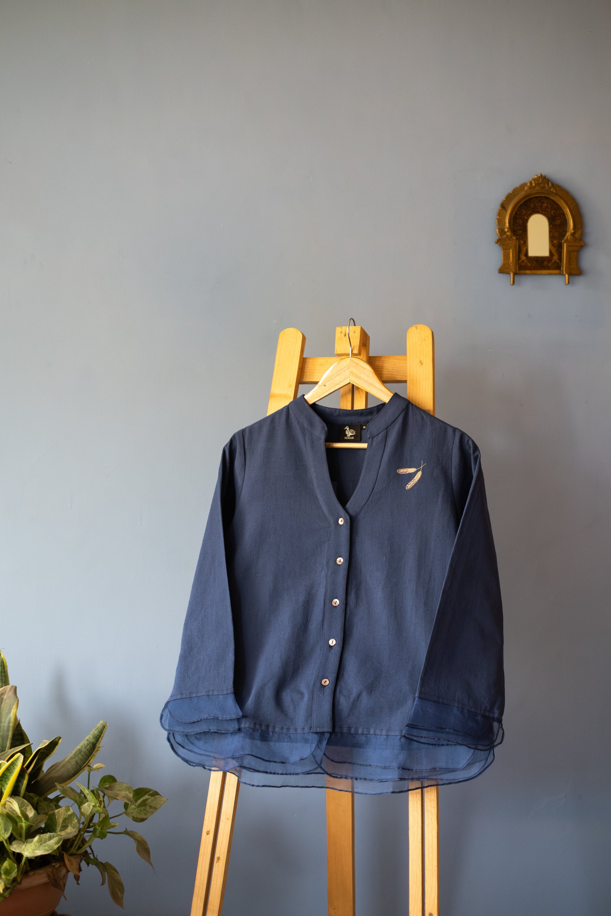Embroidered Heron Organic Cotton Button Down Top ~ Blue