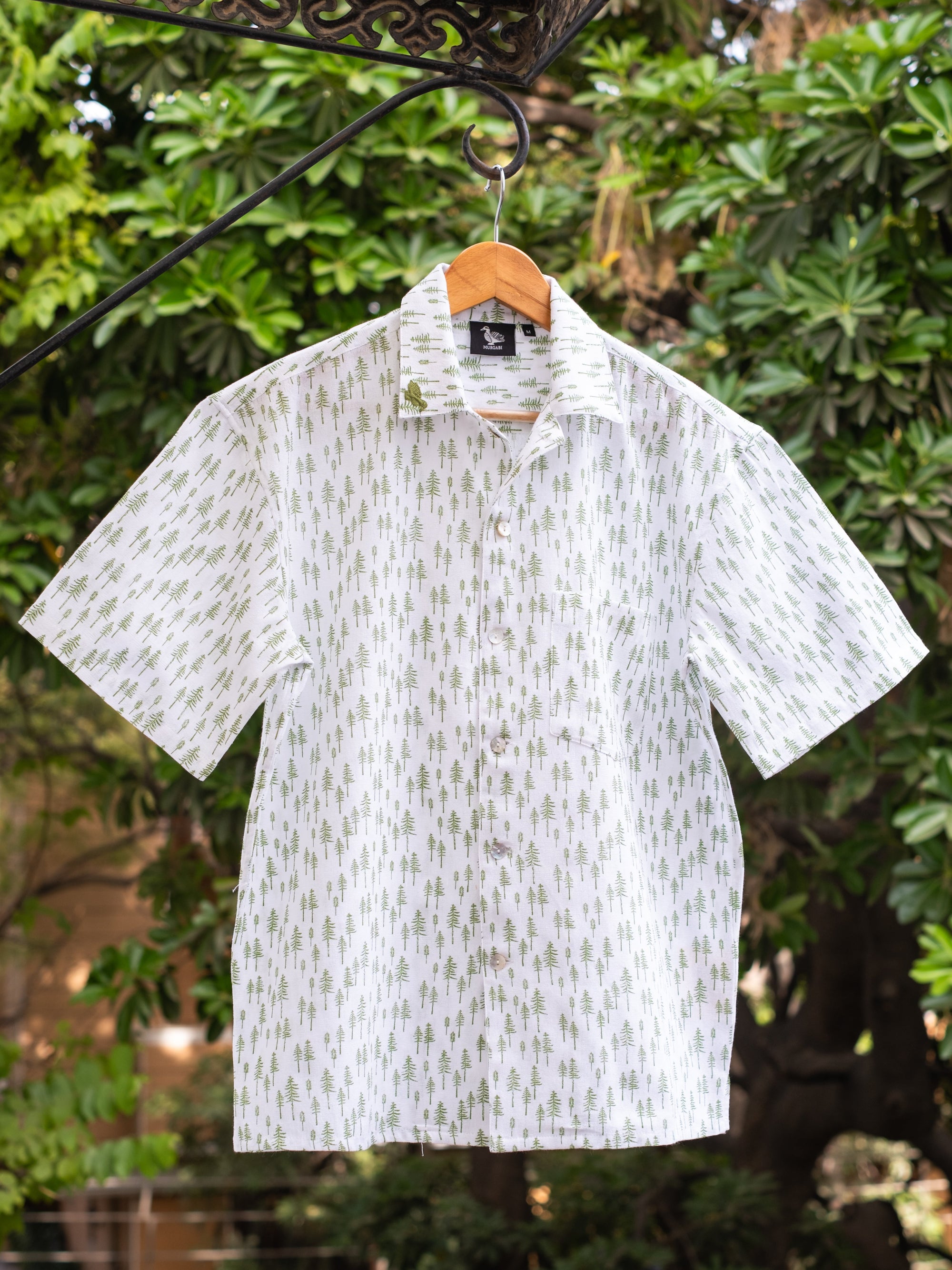Printed Organic Cotton Bush Shirt ~ Green Tree